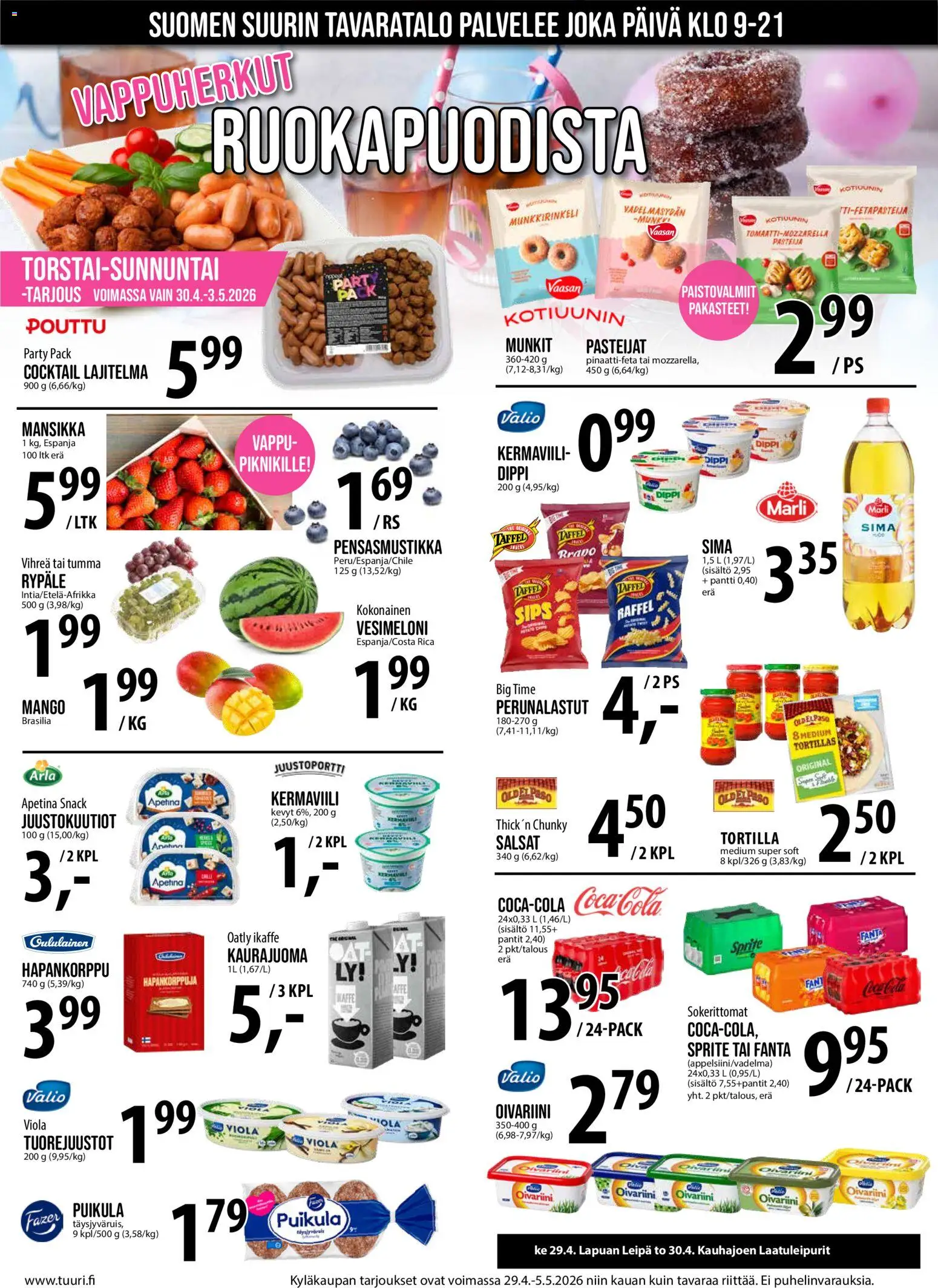 Tuuri tarjoukset – voimassa 29.04.2026 alkaen | Sivu: 7 | Tuotteet: Vesimeloni, Kaurajuoma, Sprite, Tortilla