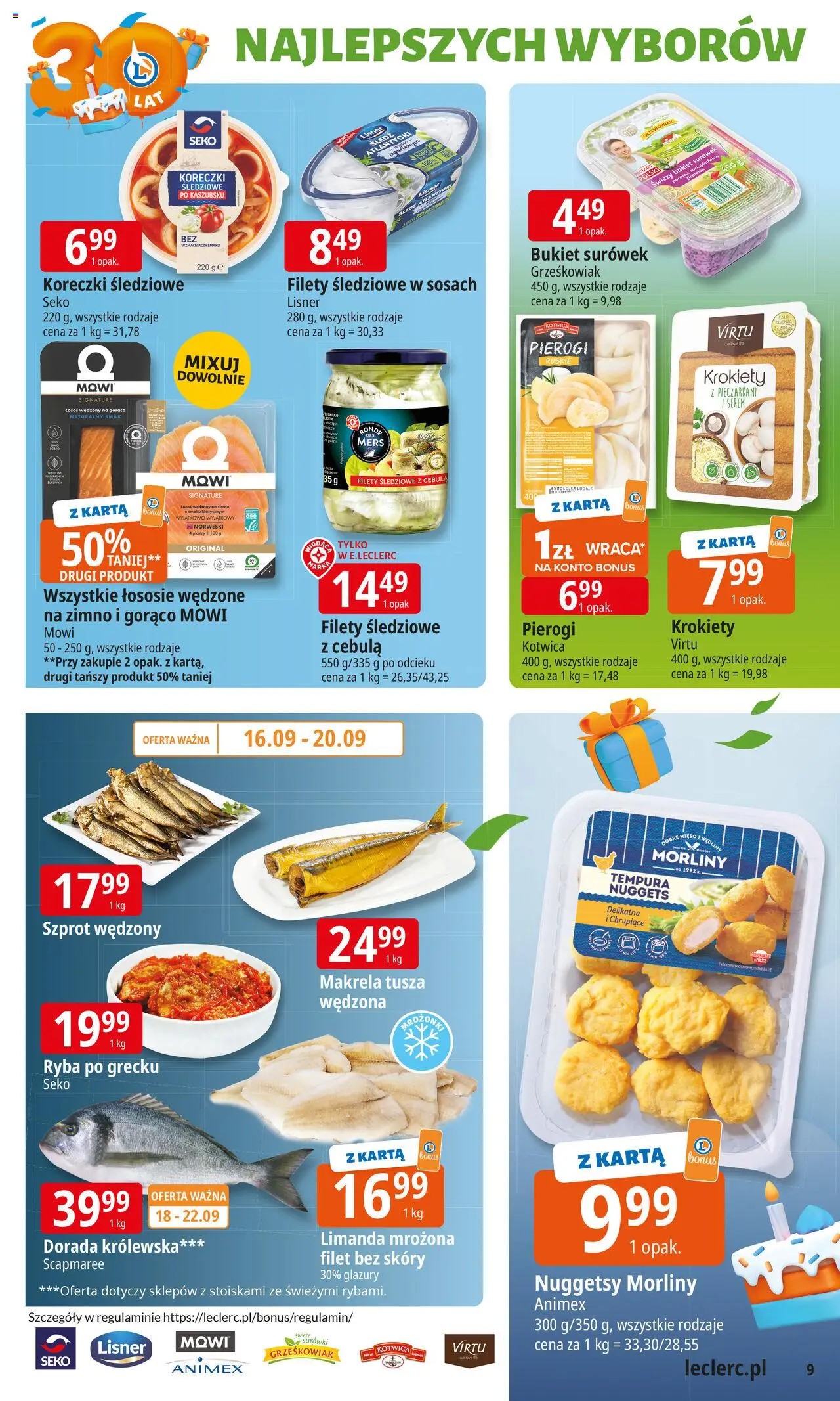 E.Leclerc Gazetka od 16.09.2025 | Strona: 9 | Produkty: Śledź, Krokiety, Makrela, Łosoś