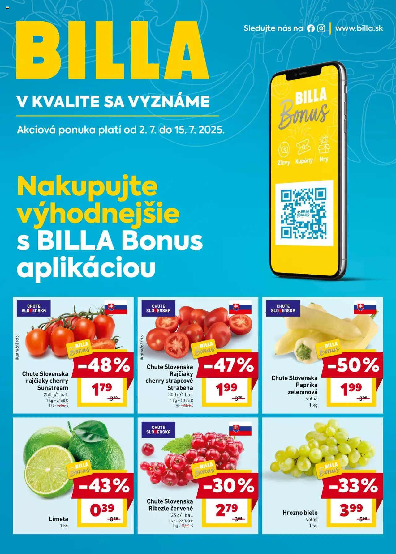 Billa bonus leták │ platný od 02.07.2025 | Strana: 1 | Produkty: Ríbezle, Paprika, Hrozno