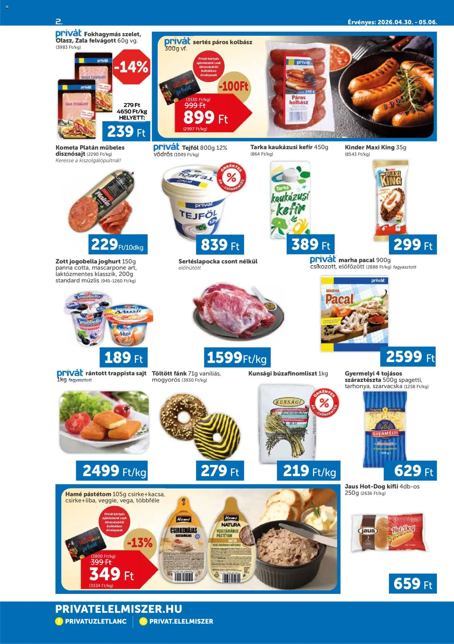 PRIVÁT akciós ujság - amely érvényes a következő dátumtól: 30.04.2026 | Oldal: 2 | Termékek: Hot dog, Kolbász, Kifli, Joghurt