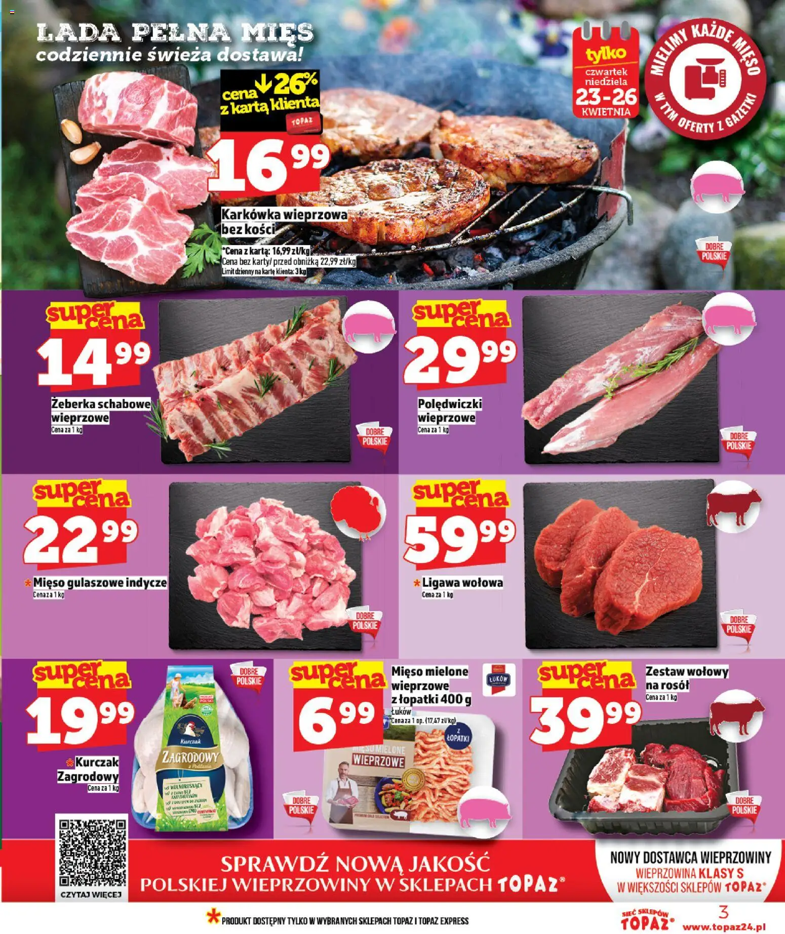 Topaz gazetka - MAZ od 23.04.2026 | Strona: 3 | Produkty: Karkówka, Kurczak, Mięso, Wieprzowina