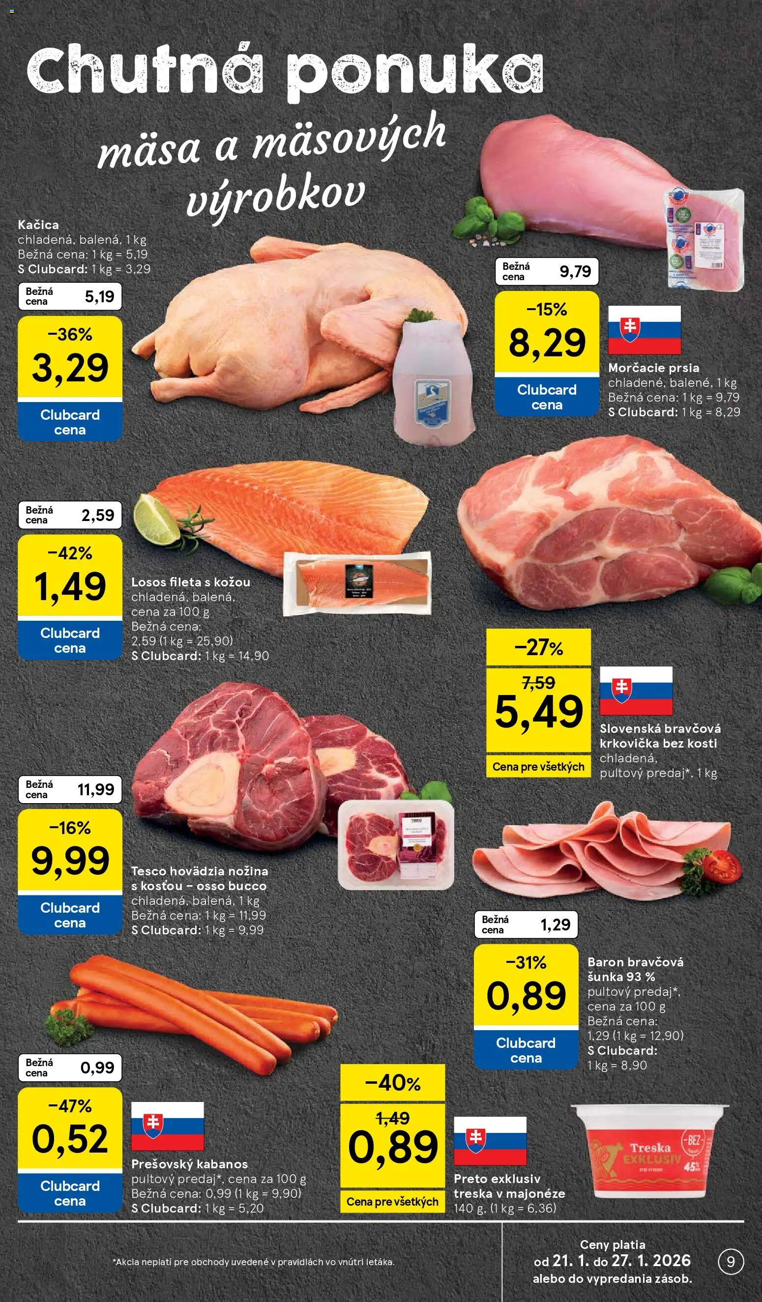 Nové Tesco akcie – leták je platný od 21.01.2026 | Strana: 9 | Produkty: Šunka, Losos, Krkovička, Treska