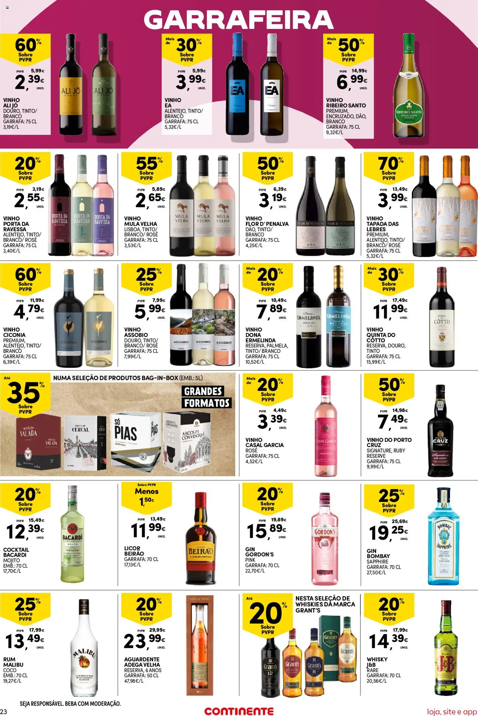 Continente Semanal Continente Bom Dia │ válido de 21.04.2026 | Página: 23 | Produtos: Whisky, Licor, Vinho, Gin