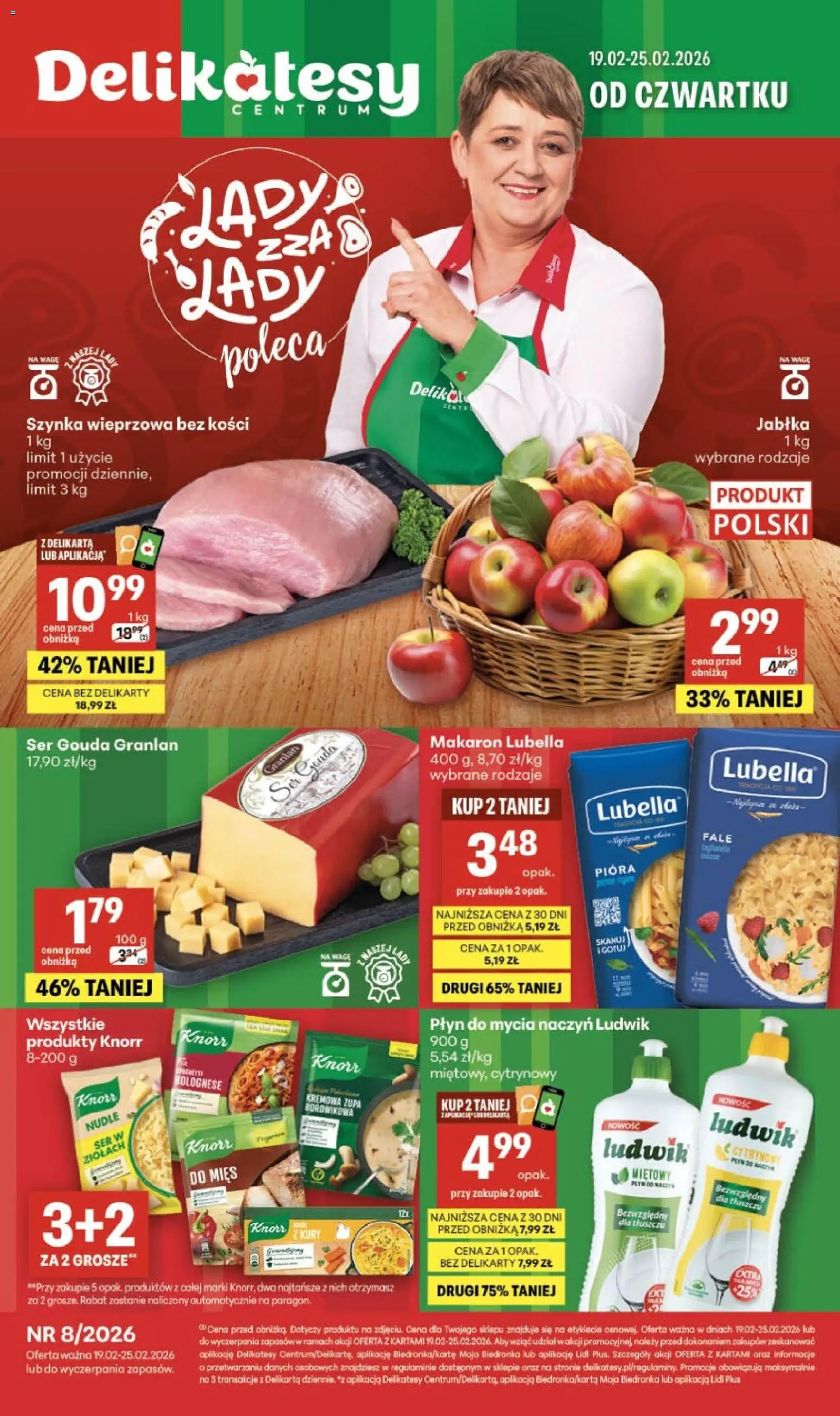 Delikatesy Centrum Gazetka od 19.02.2026 | Strona: 1 | Produkty: Szynka wieprzowa, Szynka, Ser, Makaron