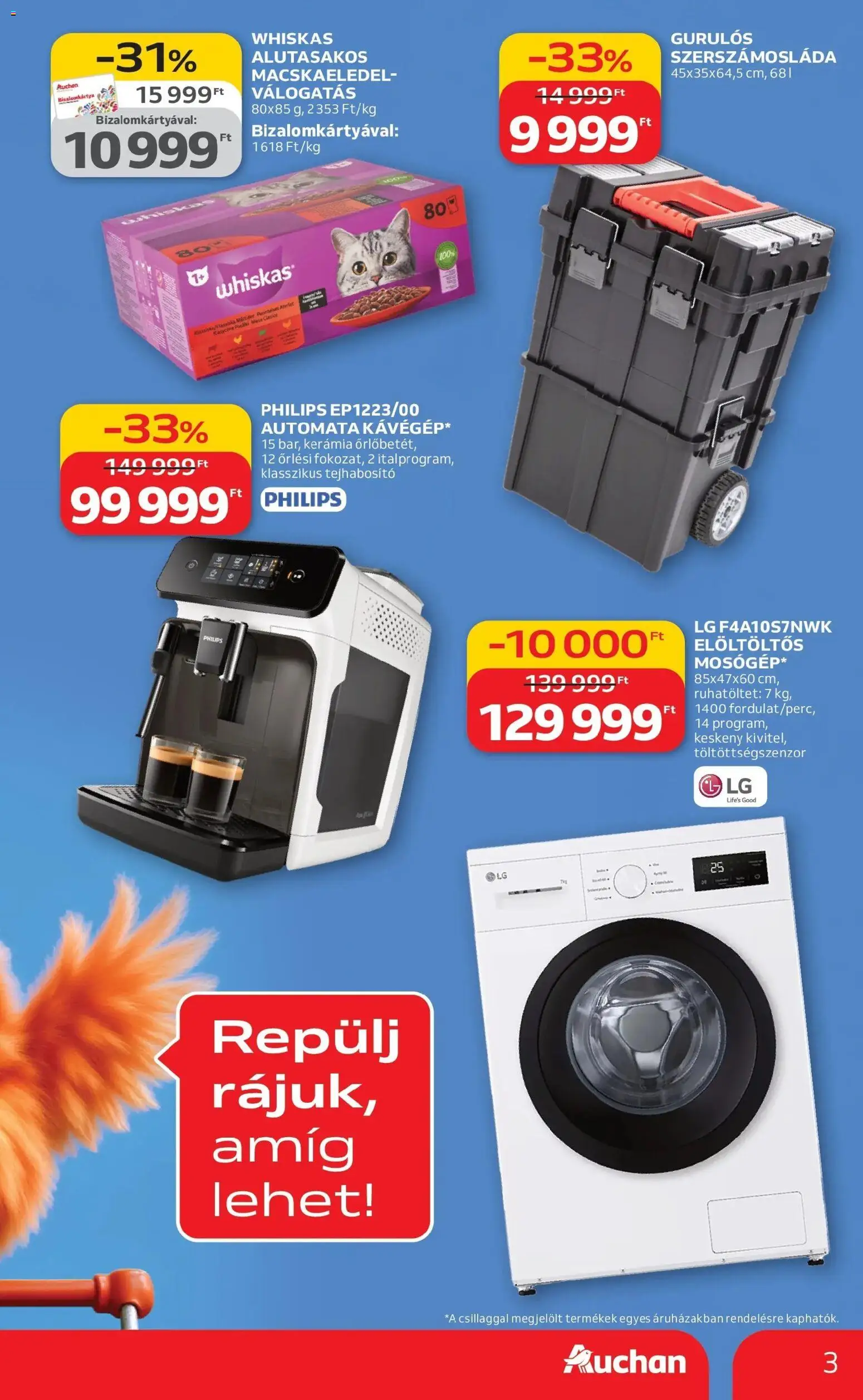 Auchan akciós ujság - amely érvényes a következő dátumtól: 12.03.2026 | Oldal: 3 | Termékek: Macskaeledel, Tejhabosító, Whiskas, Szerszámosláda