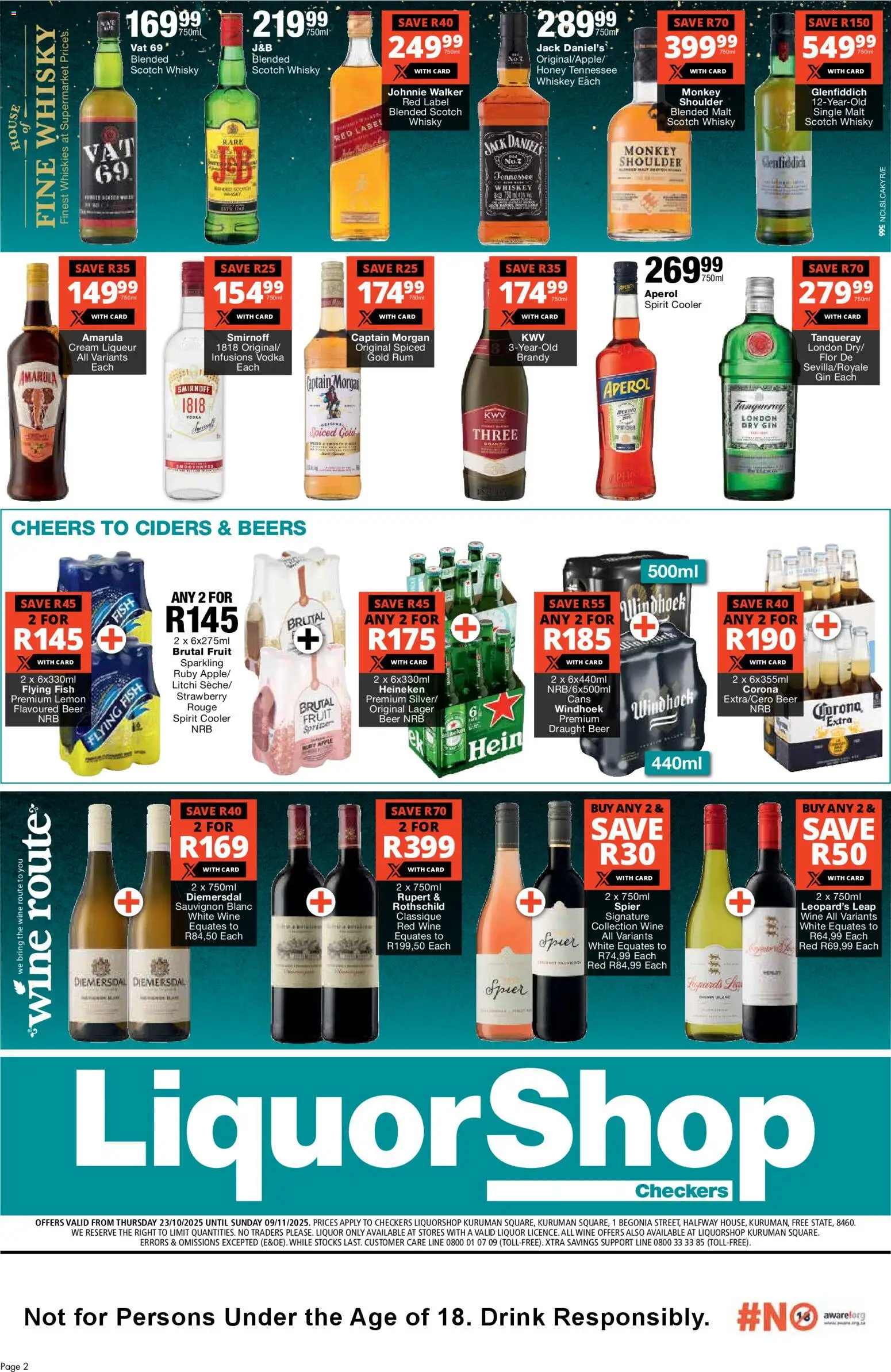 New Checkers catalogue – valid from 23.10.2025 | Page: 2 | Products: Brandy, Cooler, Whiskey, Fruit