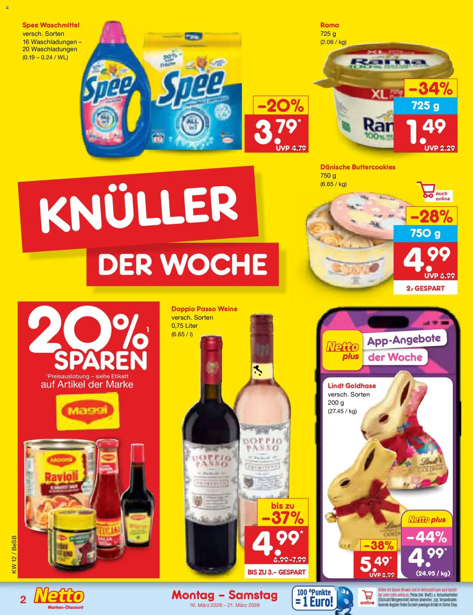 Netto Marken-Discount Prospekt 	 – gültig ab 16.03.2026 | Seite: 2 | Produkte: Rama, Spee, Waschmittel, Lindt