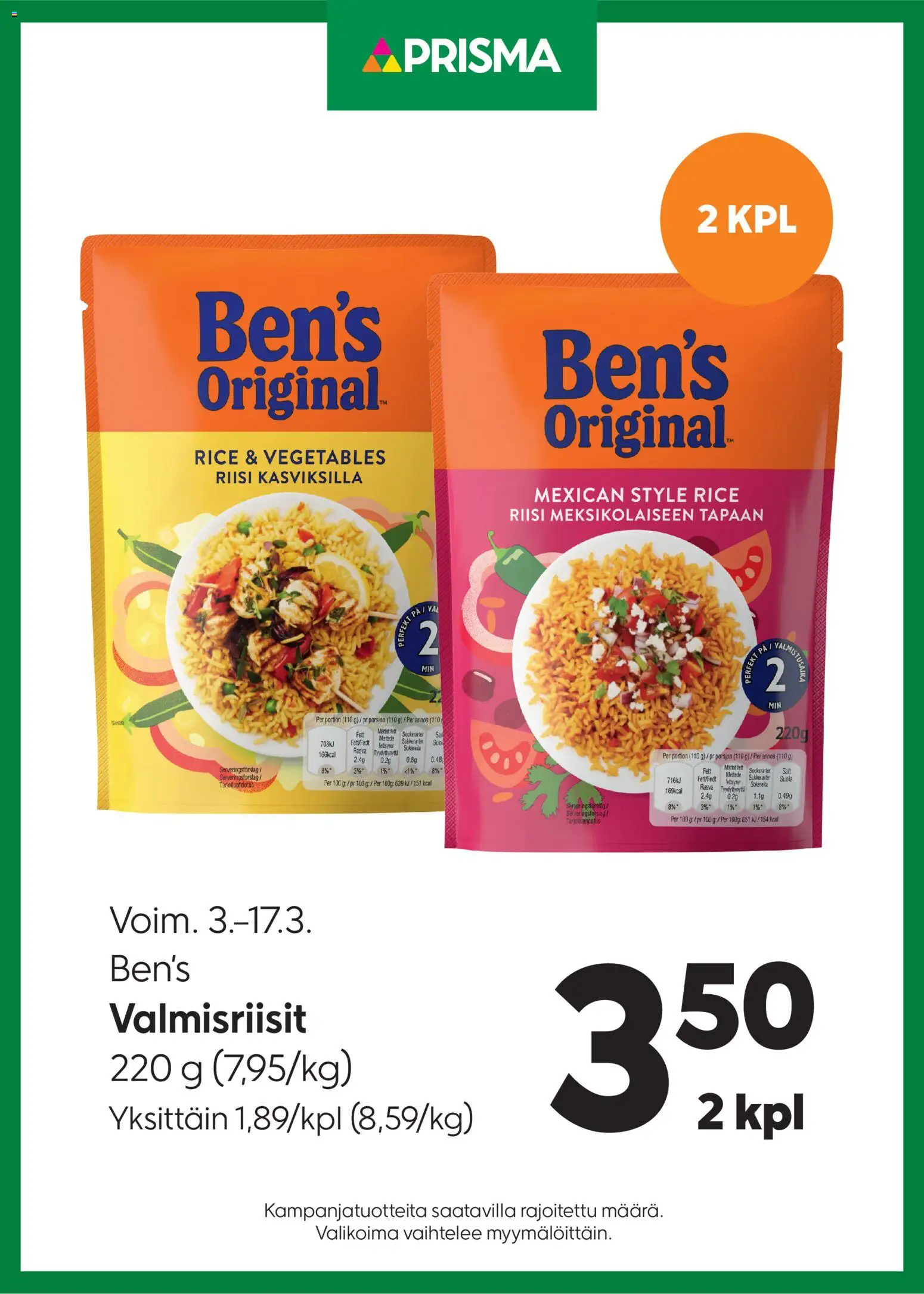 Prisma tarjoukset Bens valmisriisit – voimassa 03.03.2026 alkaen | Sivu: 1 | Tuotteet: Suola, Riisi