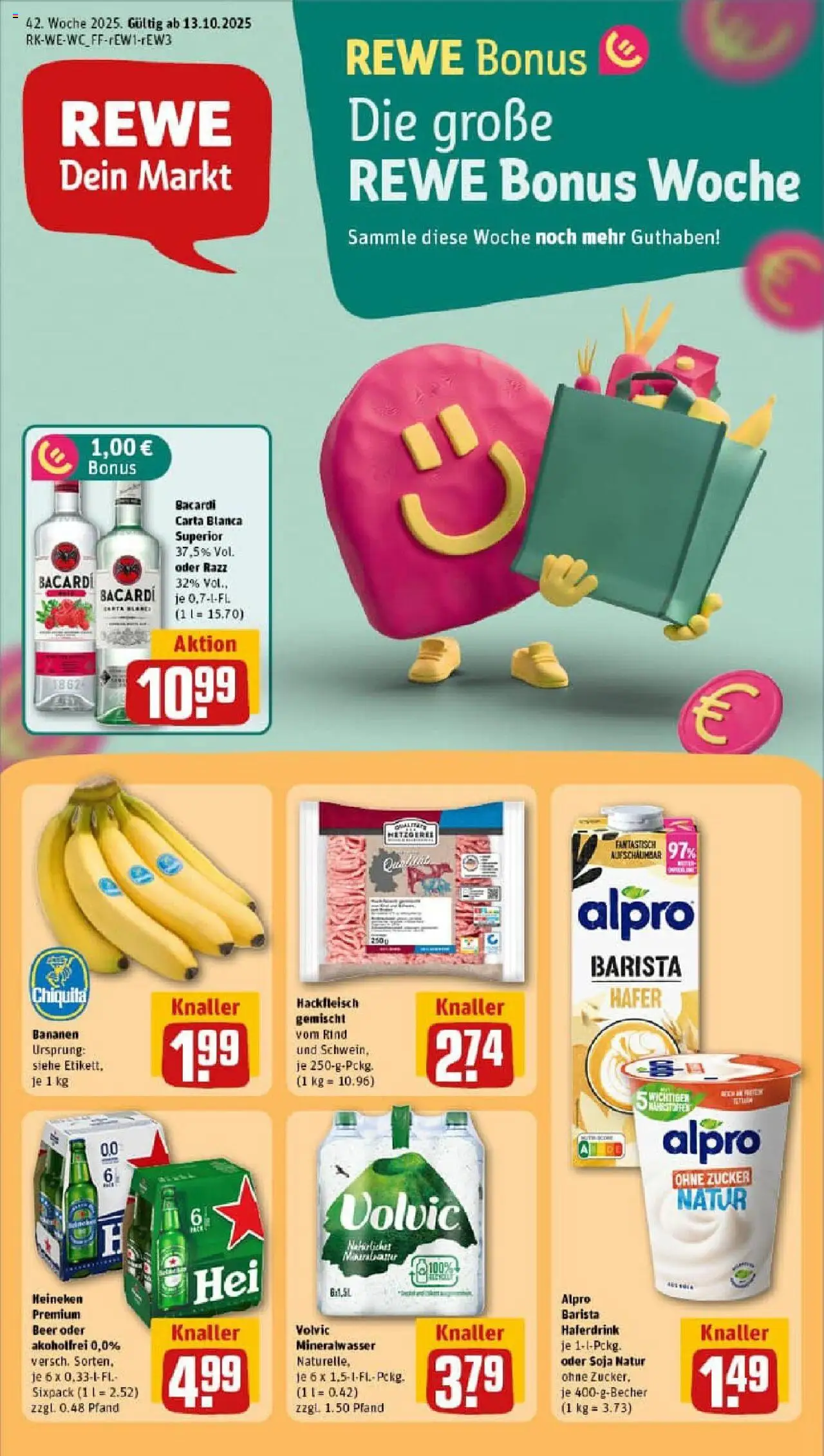 Rewe prospekt Köln / Neustadt-Süd	 – gültig ab 13.10.2025 | Seite: 1 | Produkte: Bacardi, Bananen, Haferdrink, Hackfleisch