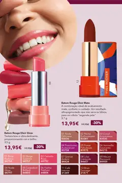 Pré-visualização Batom Rouge Elixir Glow, Textura leve e ultra-deslizante, proporcionando cor e brilho. 3,5 g válido de 30.01.2026 | Página: 44 | Produtos: Batom, Café