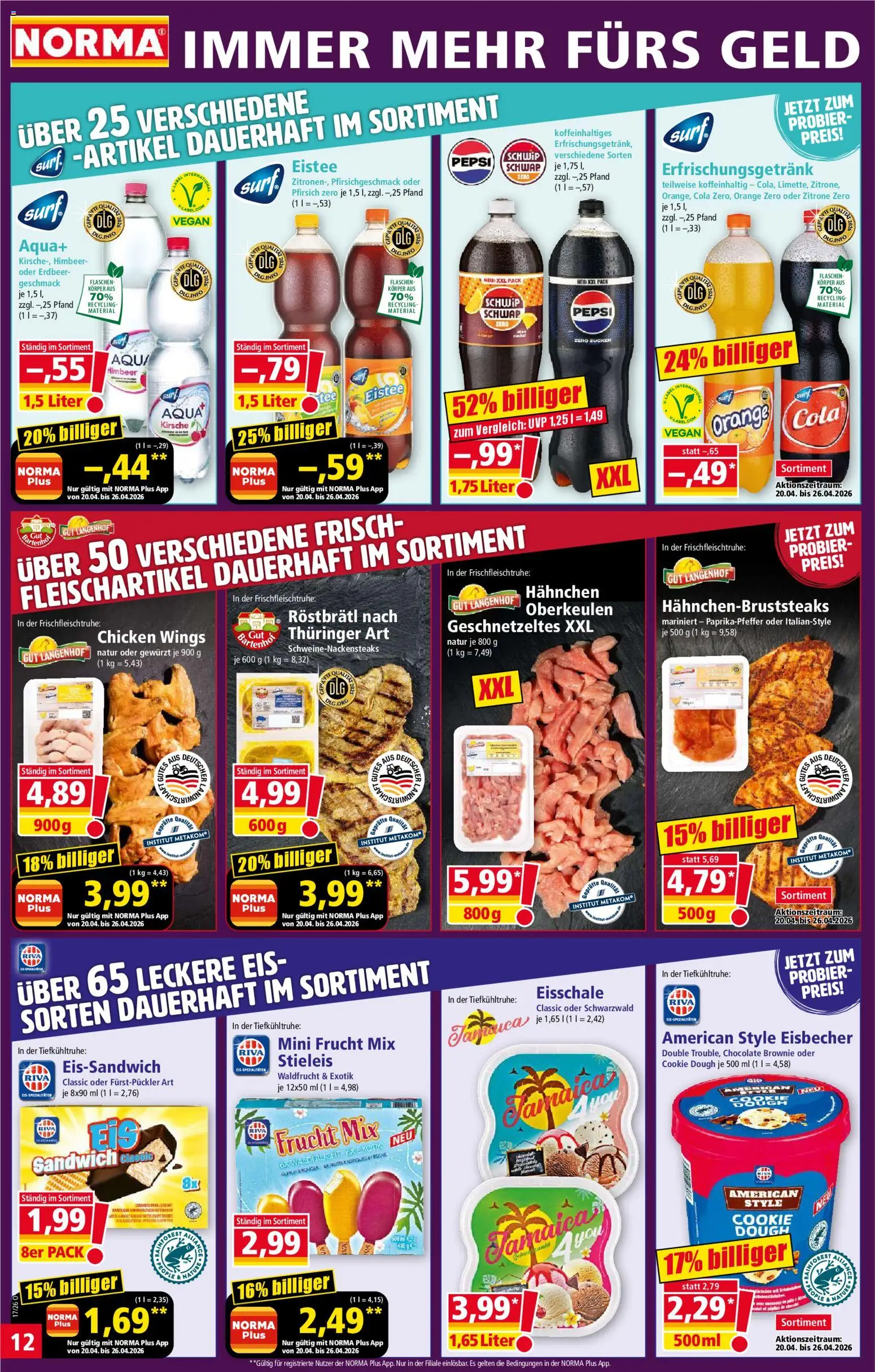 Norma Prospekt – gültig ab 20.04.2026 | Seite: 12 | Produkte: Hahnchen, Cola, Zitrone, Pfirsich