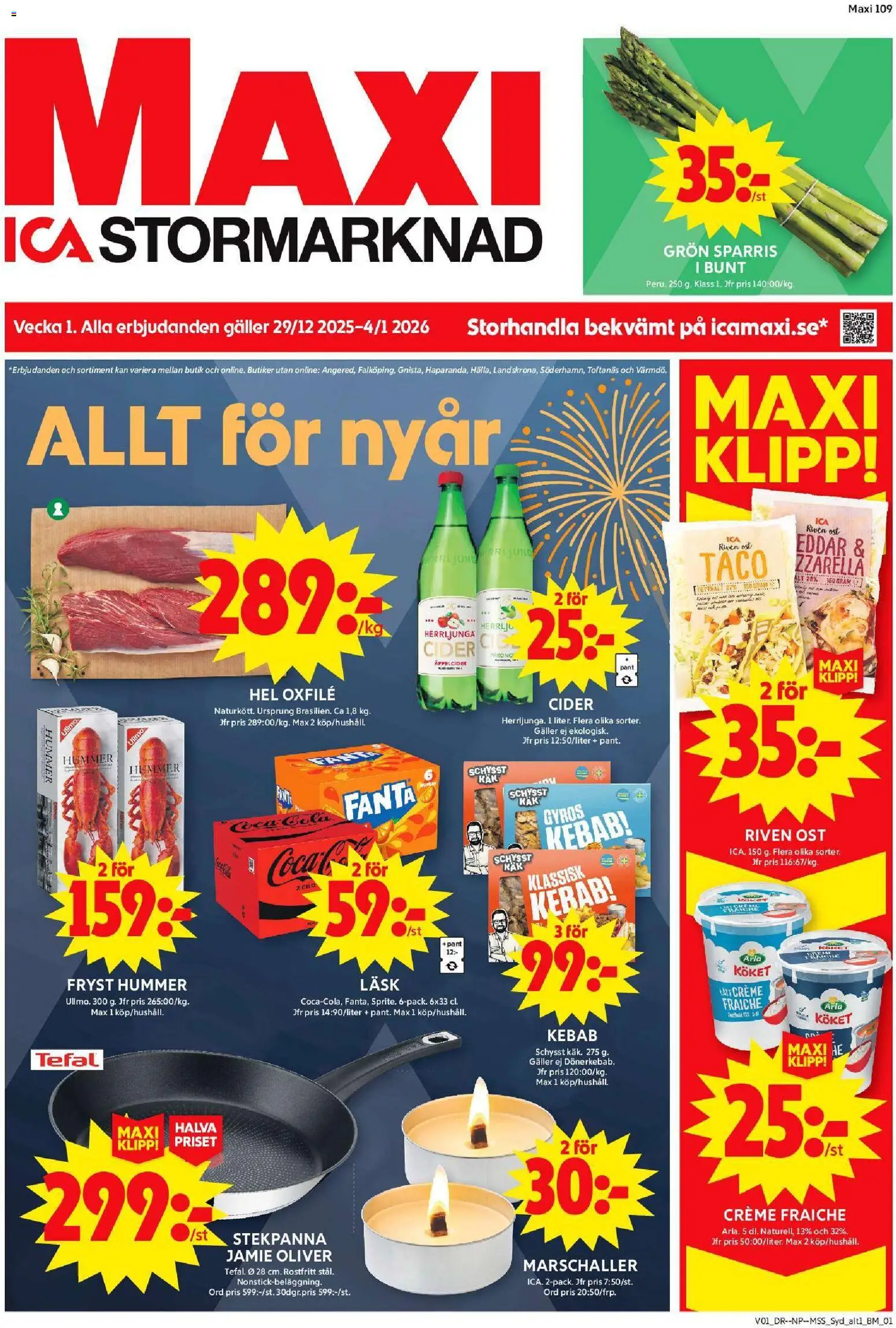 ICA Maxi reklamblad aktuell från 30.12.2025 | Sida: 1 | Produkter: Riven ost, Creme fraiche, Fanta, Oxfilé