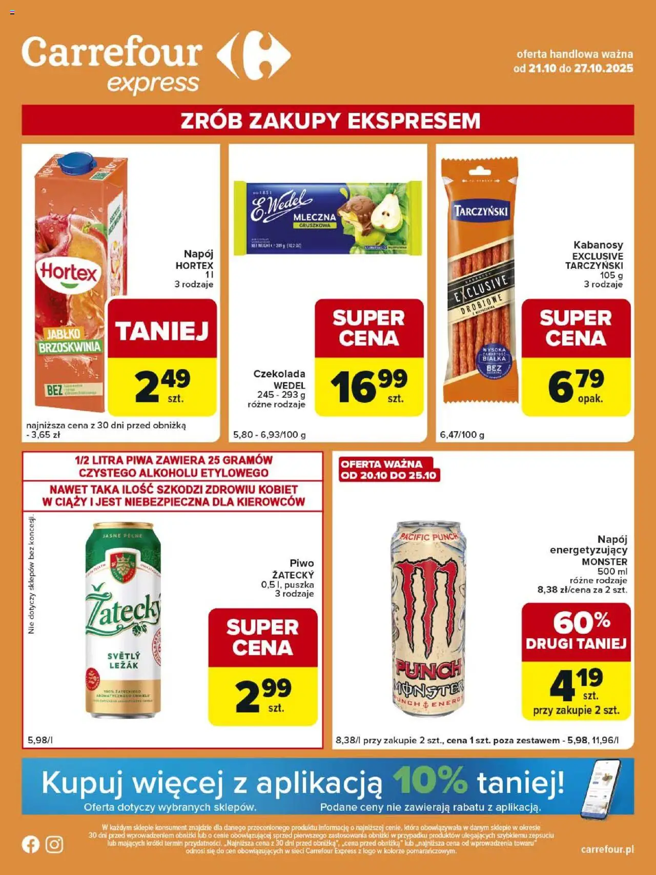 Carrefour Gazetka - Express od 21.10.2025 | Strona: 1 | Produkty: Brzoskwinia, Kabanosy, Leżak, Piwo