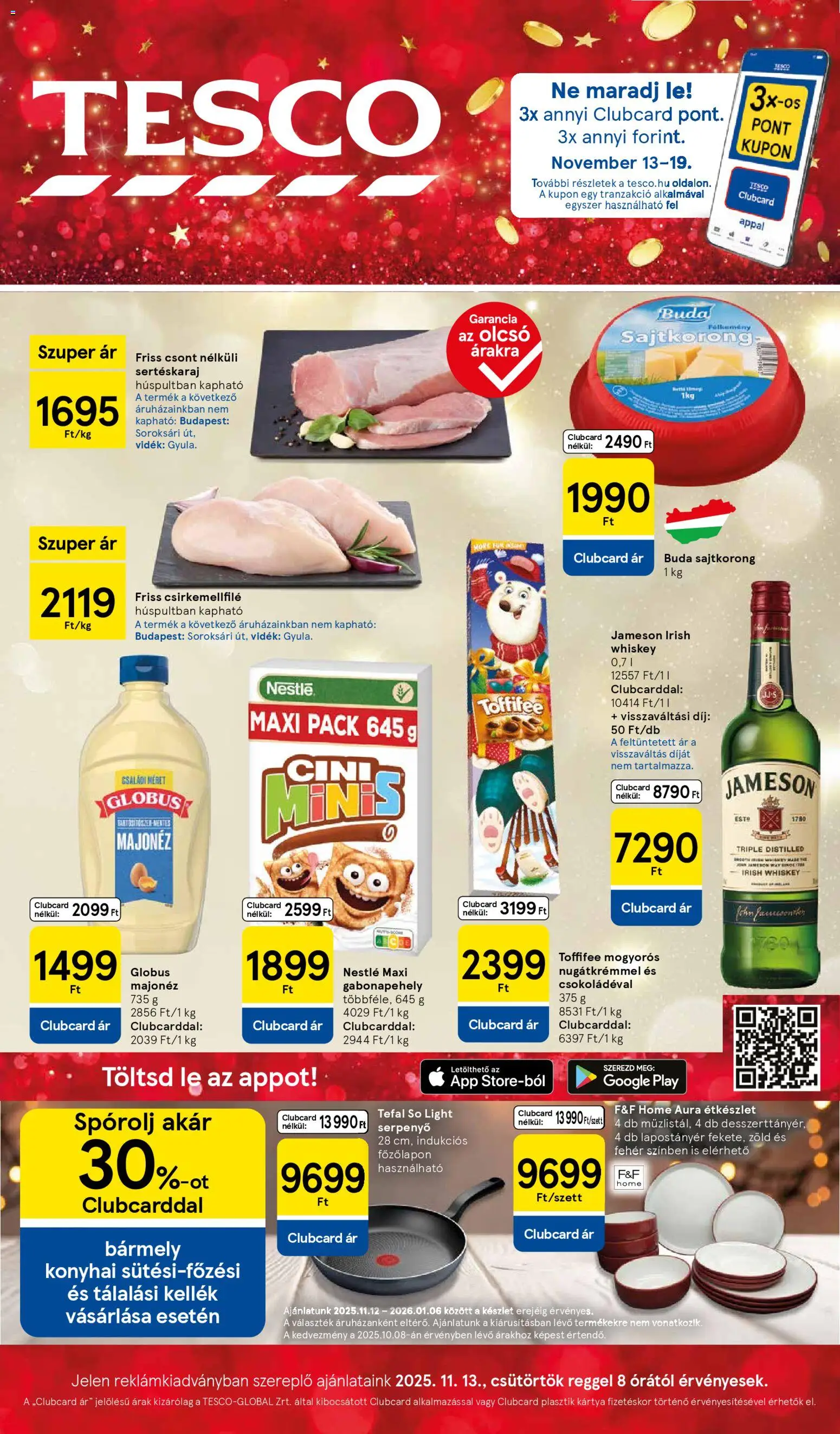 Tesco akciós ujság - amely érvényes a következő dátumtól: 13.11.2025 | Oldal: 1 | Termékek: Gabonapehely, Étkészlet, Toffifee, Só