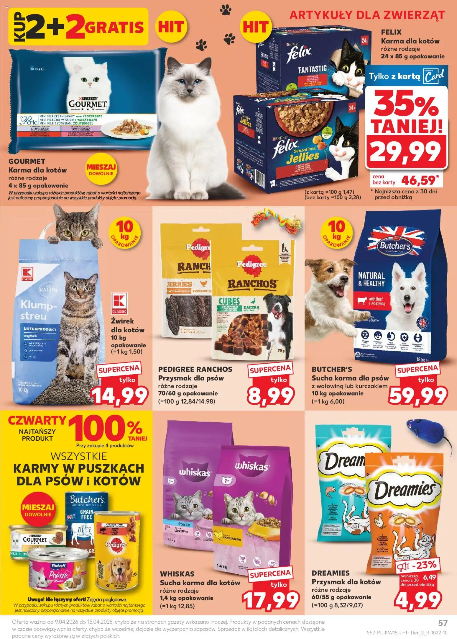 Kaufland Polsko leták od 09.04.2026 | Strana: 57 | Produkty: Purina, Whiskas, Pedigree, Karty
