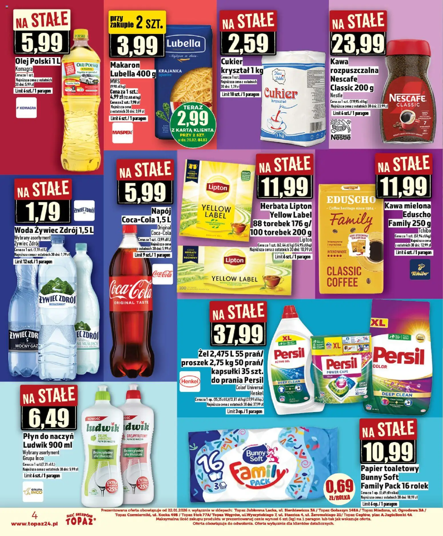 Topaz Gazetka - Ceny małe na stałe od 26.02.2026 | Strona: 4 | Produkty: Papier toaletowy, Tchibo, Olej, Herbata