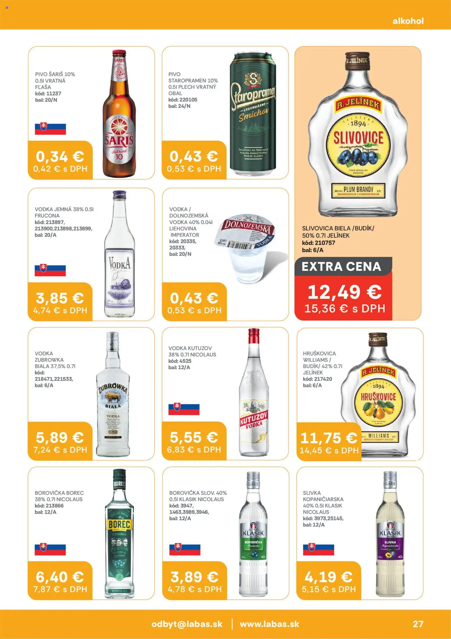Nové Labaš akcie – leták je platný od 27.03.2026 | Strana: 27 | Produkty: Šariš, Staropramen, Brandy, Alkohol