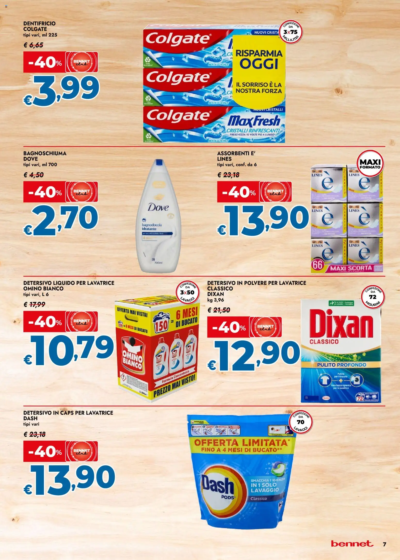 Volantino bennet del 02.01.2026 | Pagina: 7 | Prodotti: Bagnoschiuma, Dentifricio, Detersivo in polvere, Lavatrice