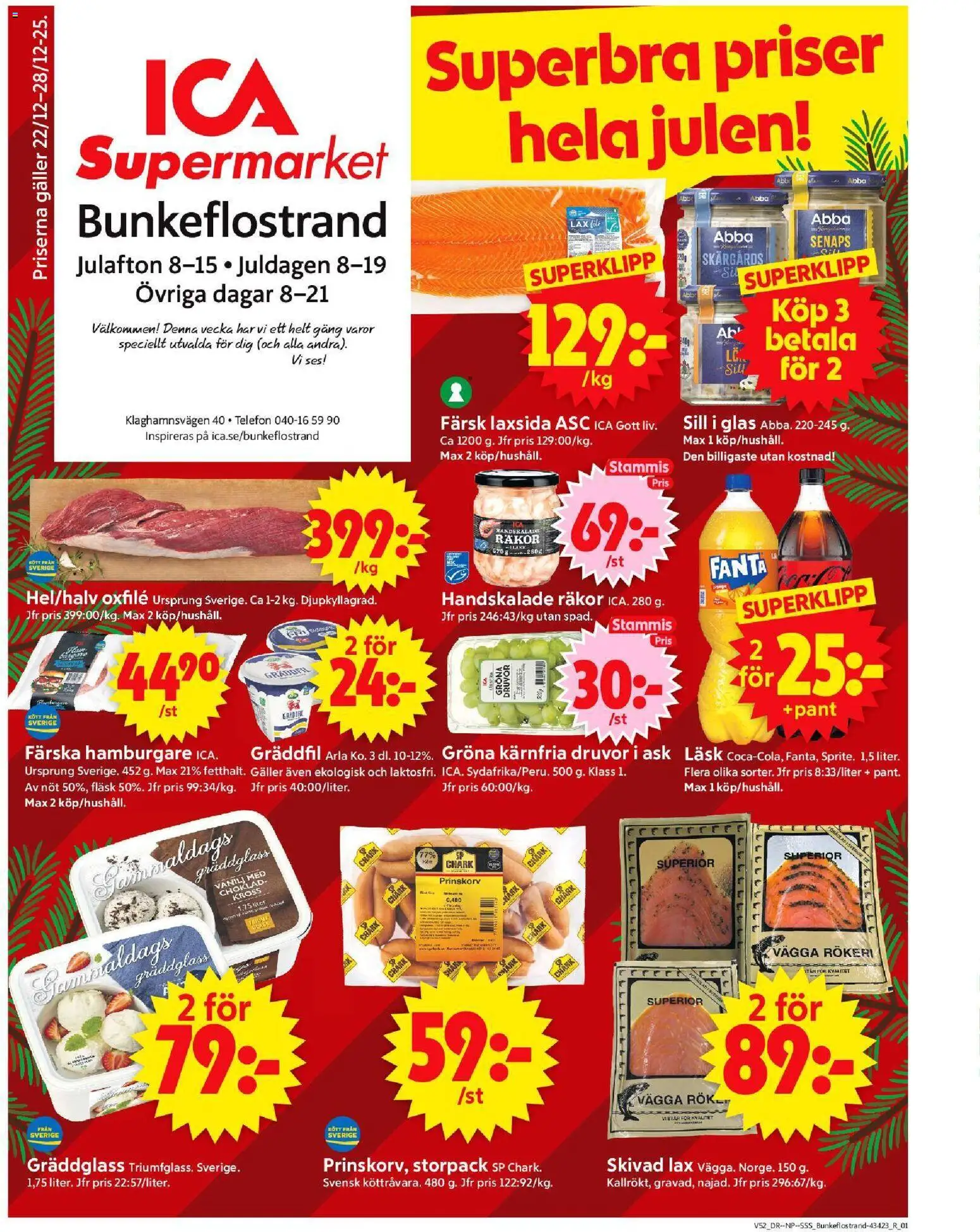 ICA Supermarket reklamblad aktuell från 22.12.2025 | Sida: 1 | Produkter: Hamburgare, Räkor, Lax, Oxfilé