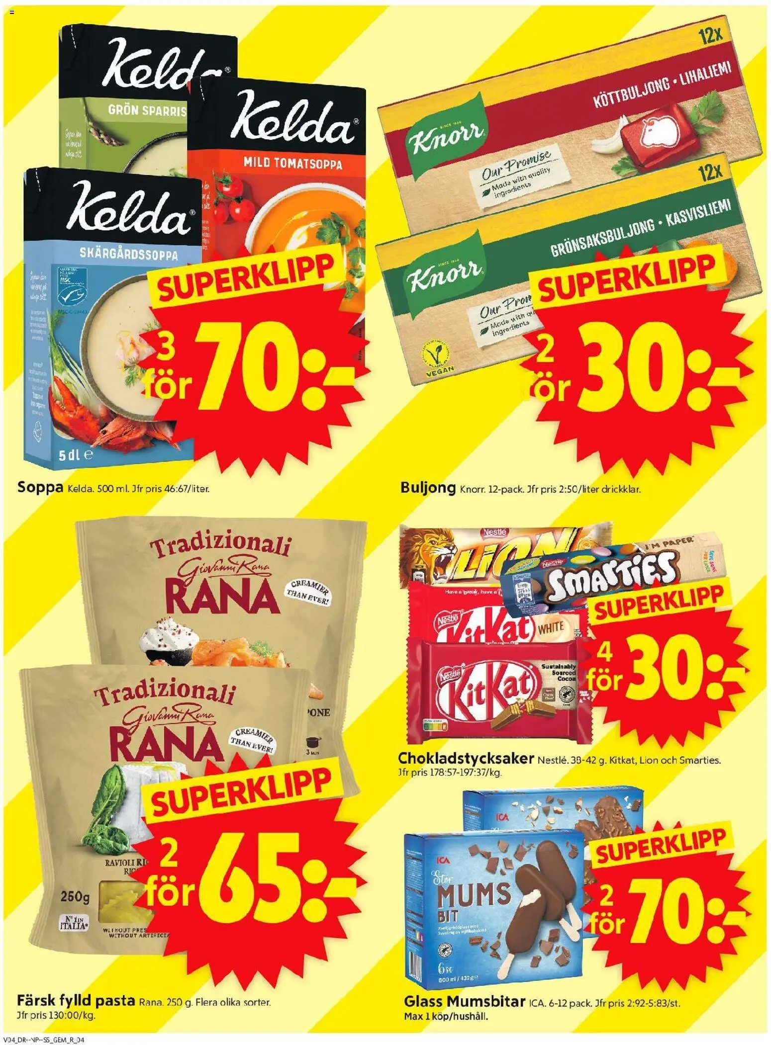 ICA Supermarket reklamblad aktuell från 19.01.2026 | Sida: 4 | Produkter: Grönsaksbuljong, Pasta, Glass, Soppa