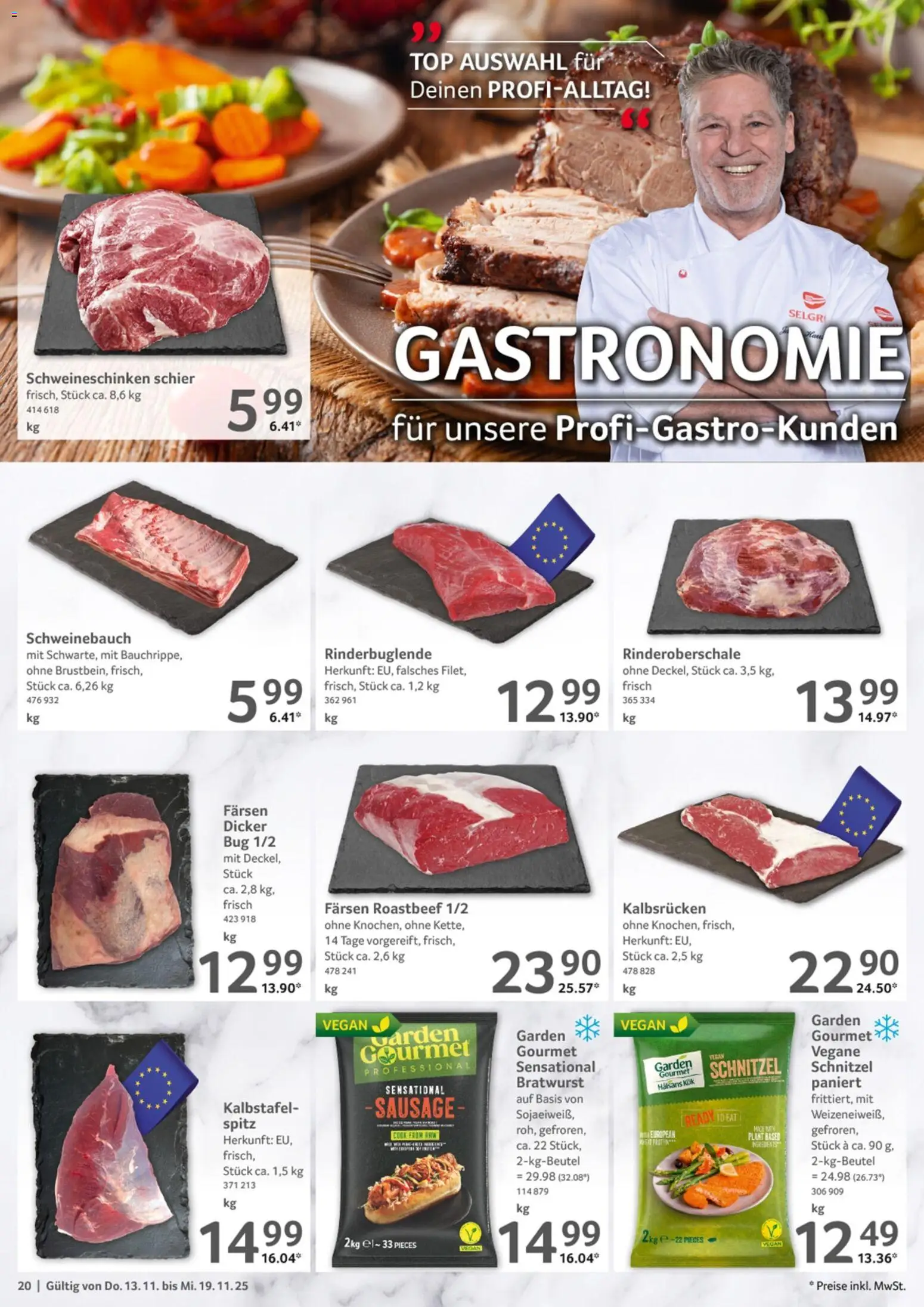 Selgros Prospekt 	 – gültig ab 13.11.2025 | Seite: 20 | Produkte: Top, Schweinebauch, Schnitzel, Roastbeef