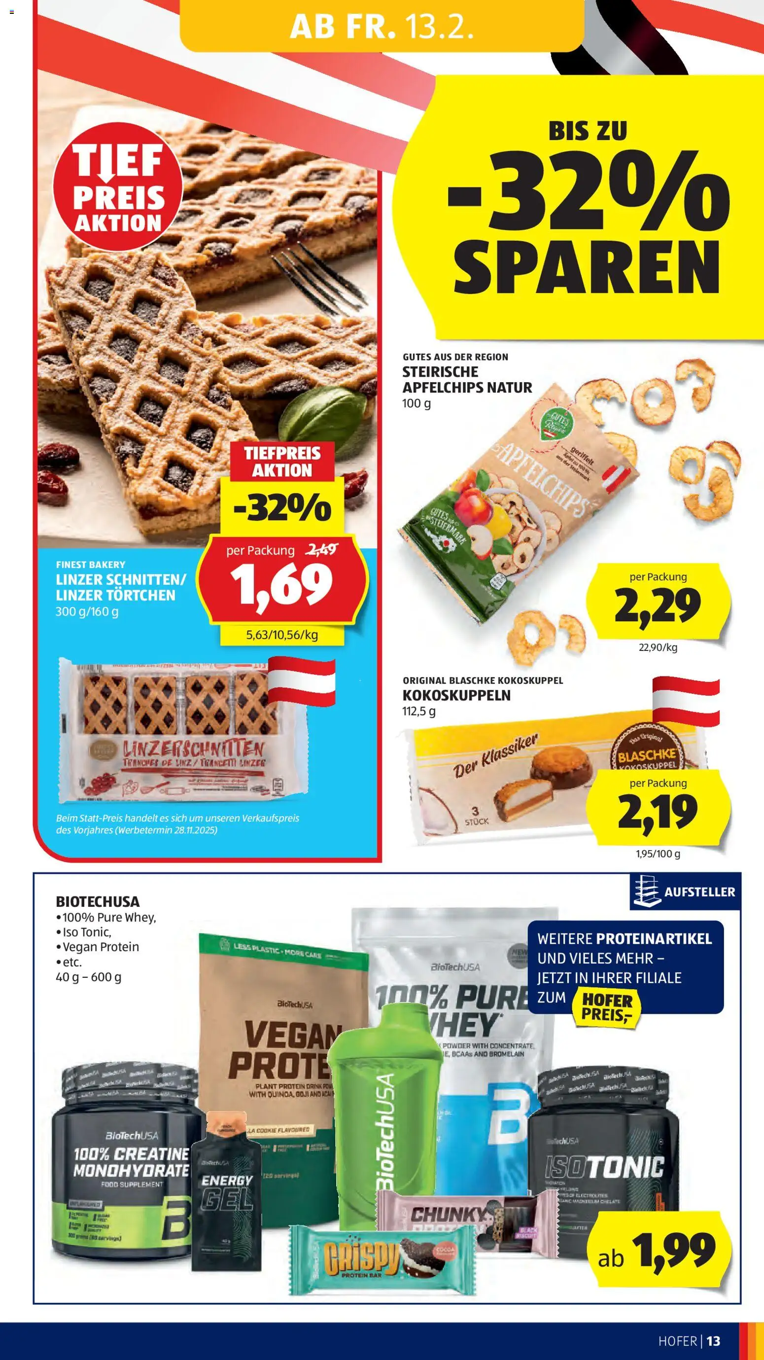 Hofer AT akciós ujság - amely érvényes a következő dátumtól: 13.02.2026 | Oldal: 15 | Termékek: Protein bar, Protein, Linzer, Vegán