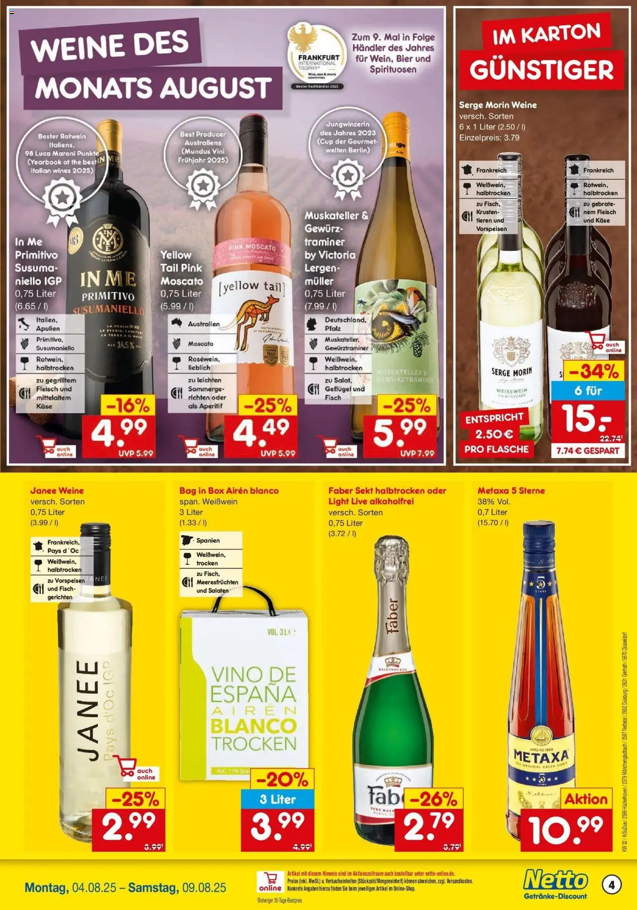 Netto Marken-Discount prospekt Hückelhoven-Baal	 - gültig ab dem 04.08.2025 | Seite: 4 | Produkte: Bier, Rotwein, Sekt, Fleisch