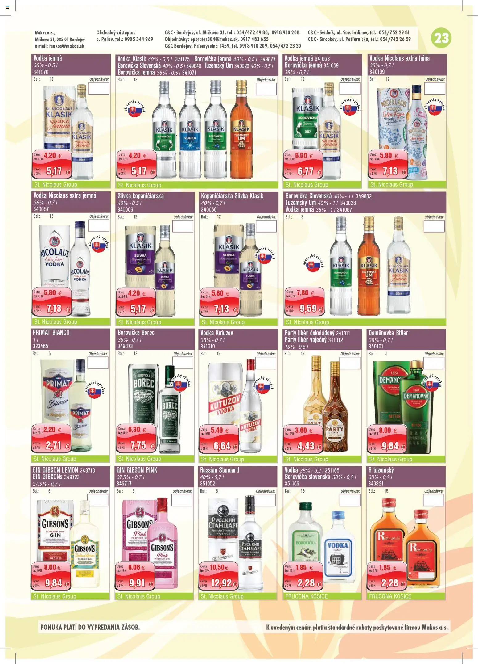 Nové Makos akcie – leták je platný od 06.04.2026 | Strana: 23 | Produkty: Borovička, Gin, Vodka