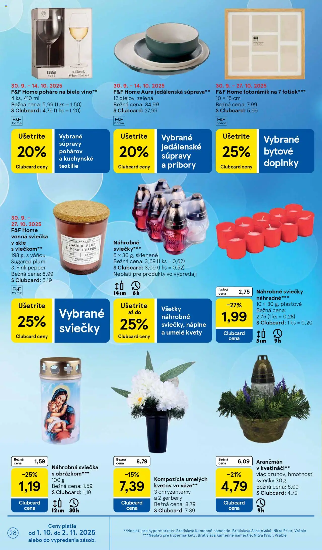 Nové Tesco akcie – leták je platný od 01.10.2025 | Strana: 28 | Produkty: Biele víno, Víno, Sviečky, Kvety
