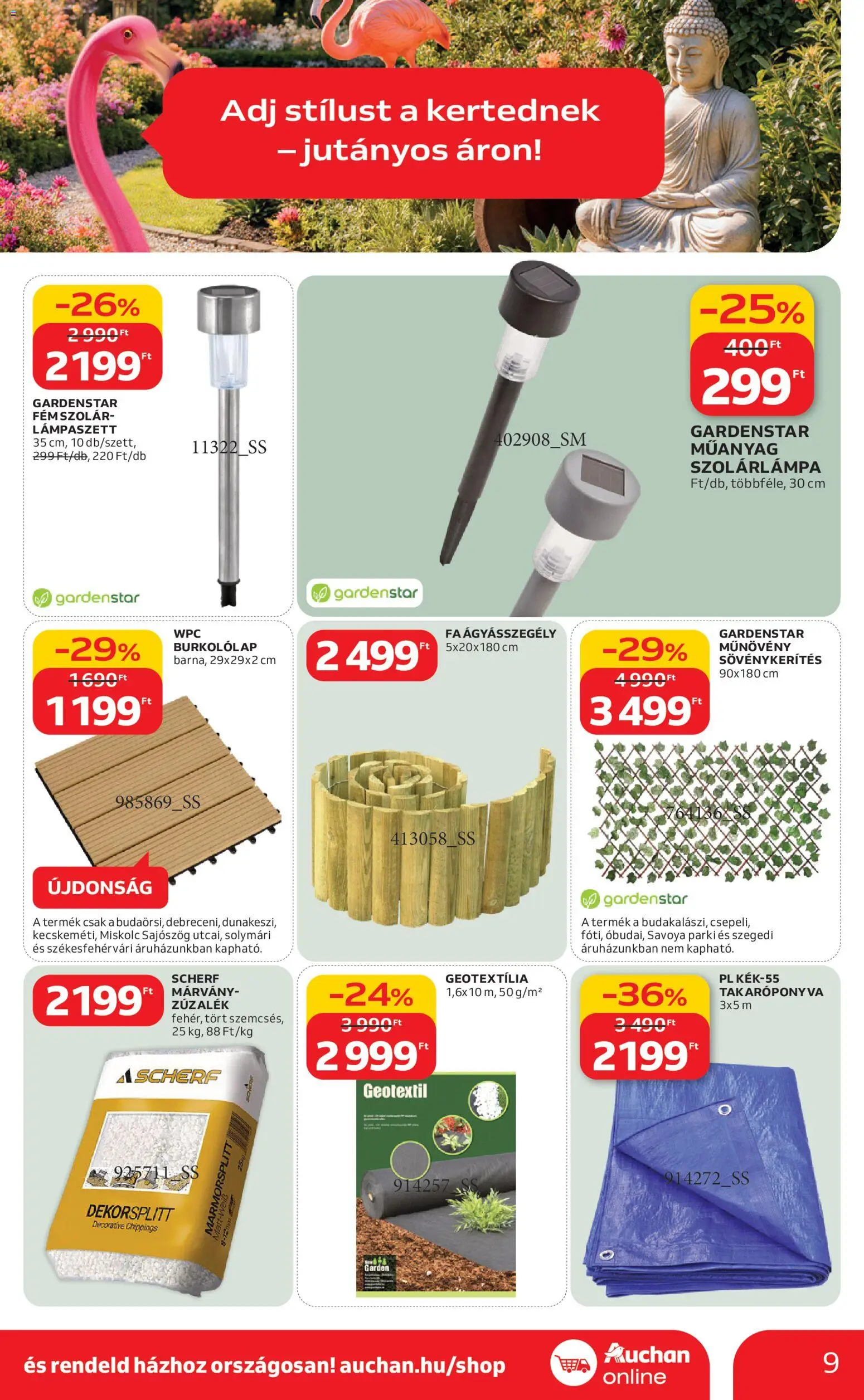 Auchan akciós ujság - amely érvényes a következő dátumtól: 05.03.2026 | Oldal: 9 | Termékek: Takaróponyva, Műnövény, Geotextil, Szolárlámpa