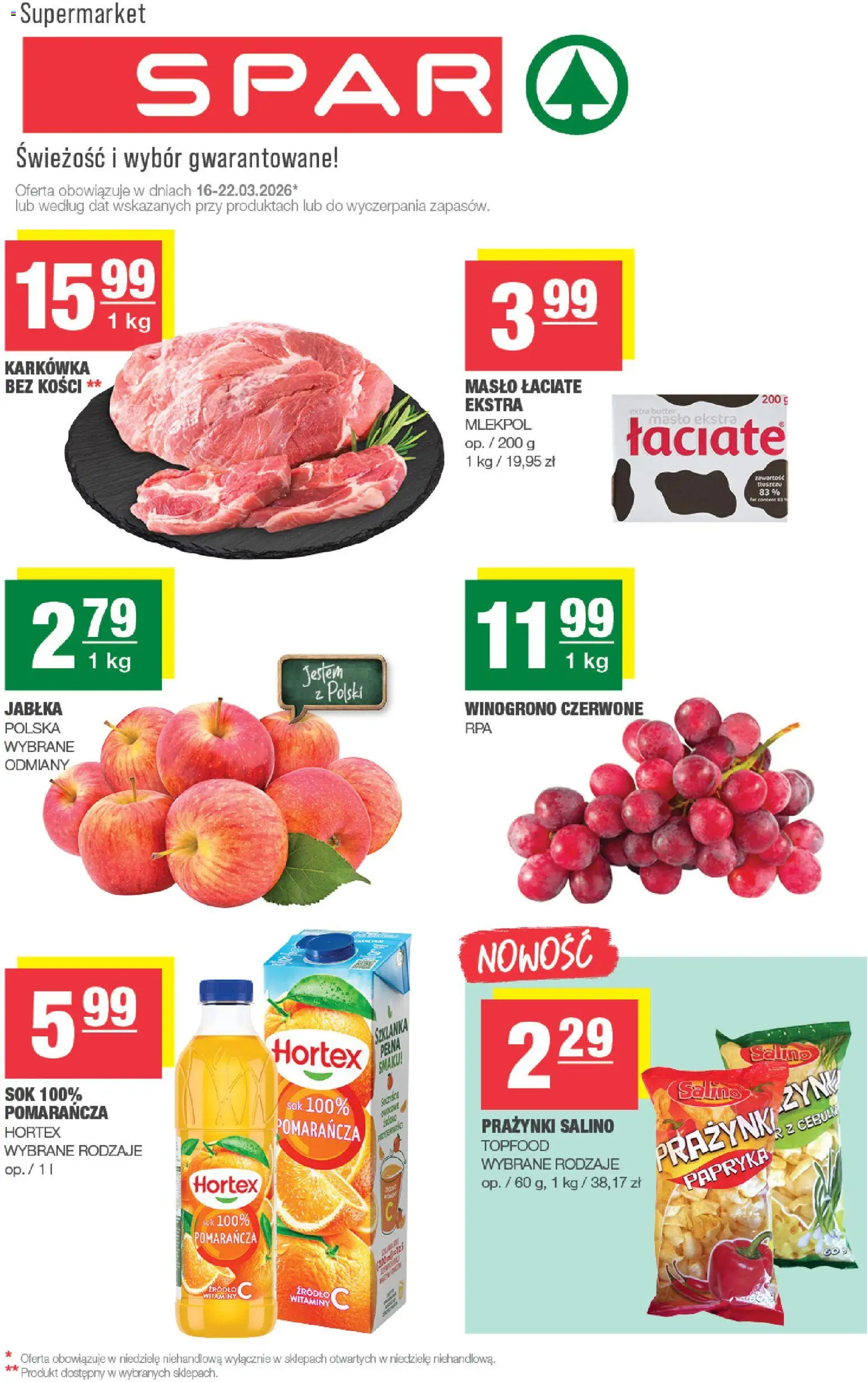 Spar gazetka od 16.03.2026 | Strona: 1 | Produkty: Karkówka, Papryka, Sok, Jabłka