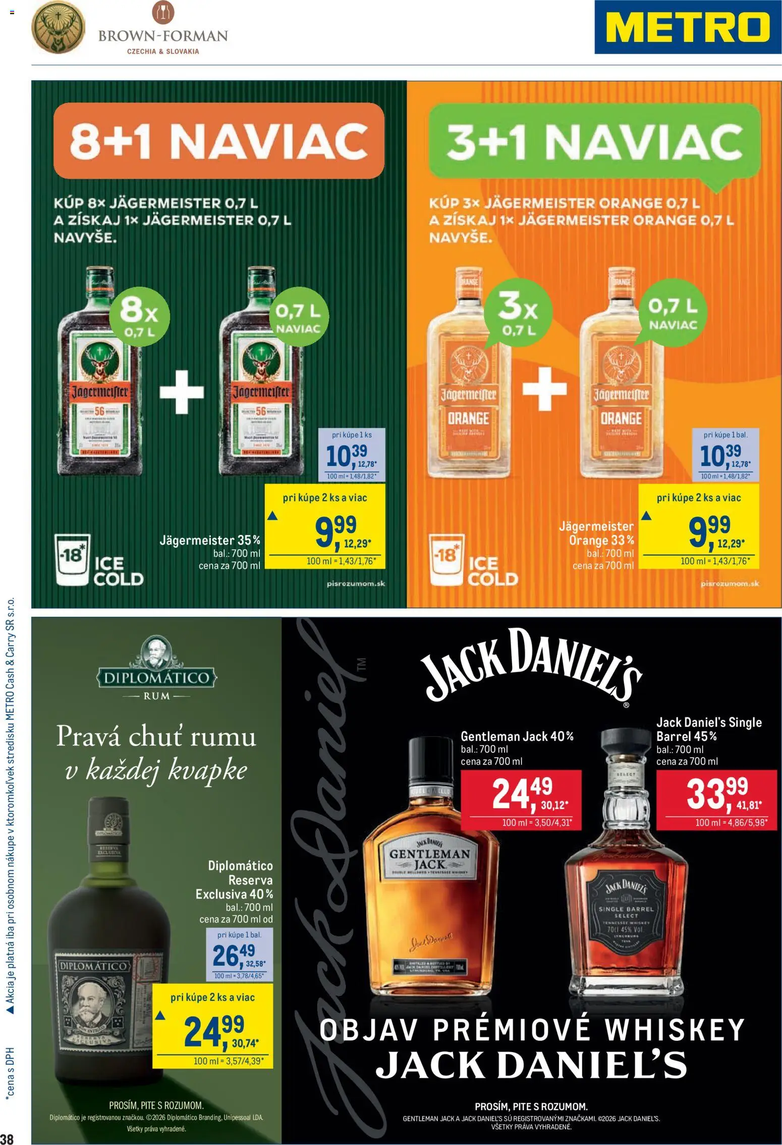 Nové Metro akcie – leták je platný od 25.03.2026 | Strana: 38 | Produkty: Jägermeister, Diplomatico, Rum, Jack Daniel's