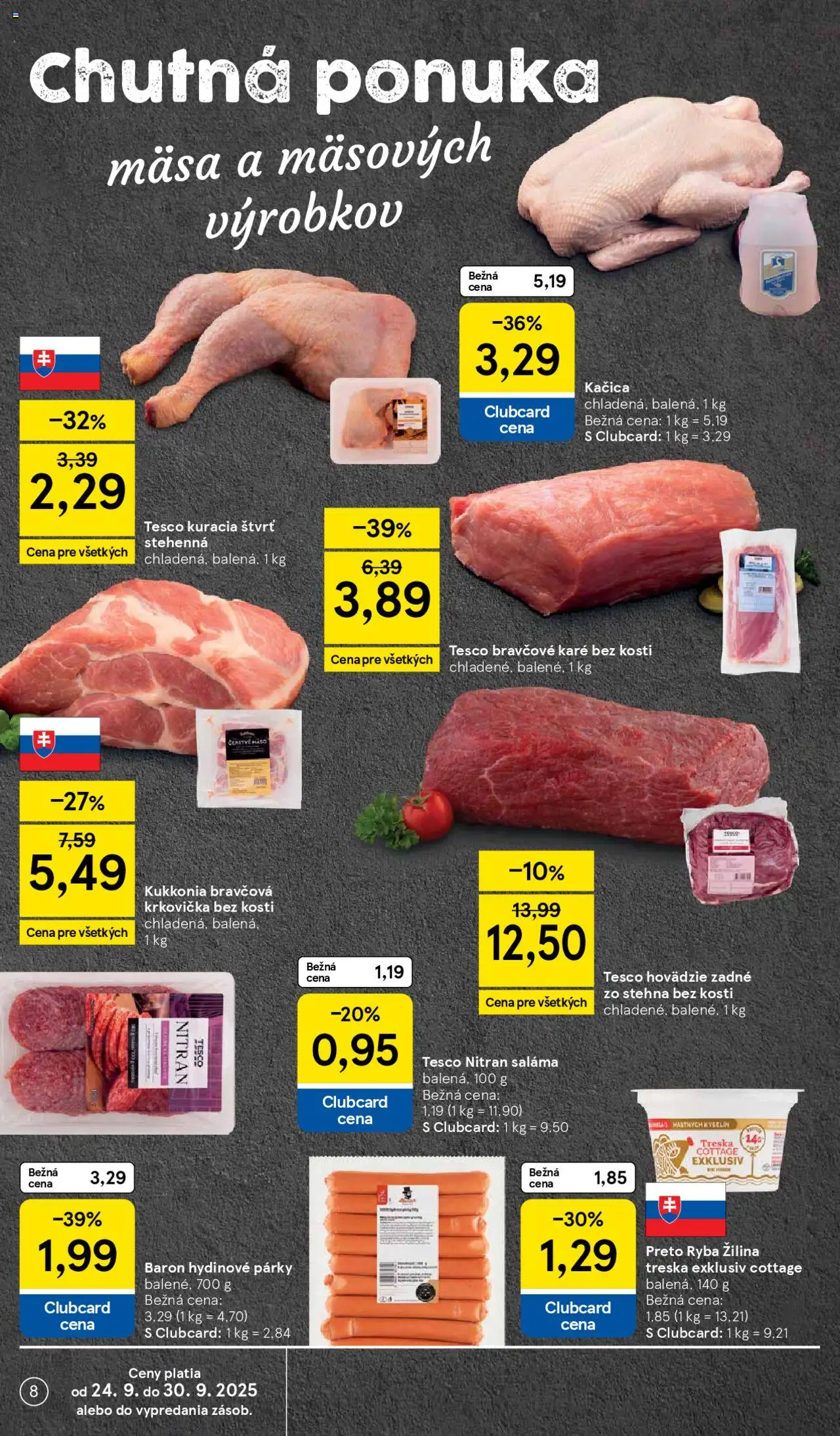 Nové Tesco akcie – leták je platný od 24.09.2025 | Strana: 8 | Produkty: Bravčová krkovička, Krkovička, Párky, Bravčové karé