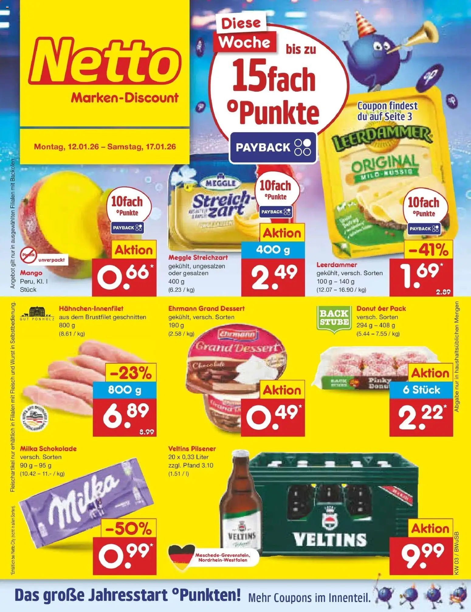 Netto Marken-Discount prospekt Stemwede-Dielingen	 – gültig ab 12.01.2026 | Seite: 1 | Produkte: Leerdammer, Mango, Wurst, Veltins