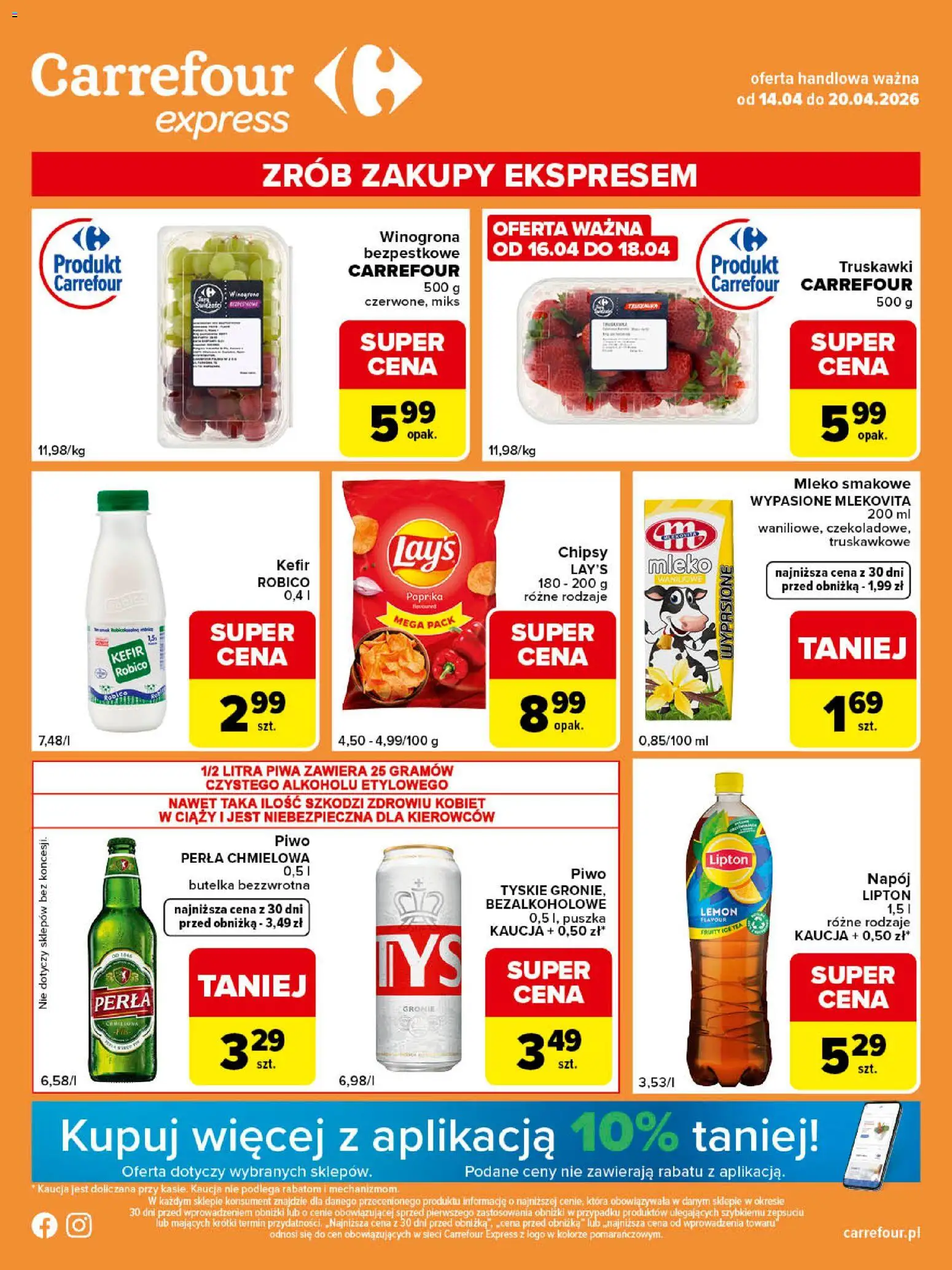 Carrefour gazetka - Express II od 14.04.2026 | Strona: 1 | Produkty: Winogrona, Chipsy, Piwo perła, Mleko