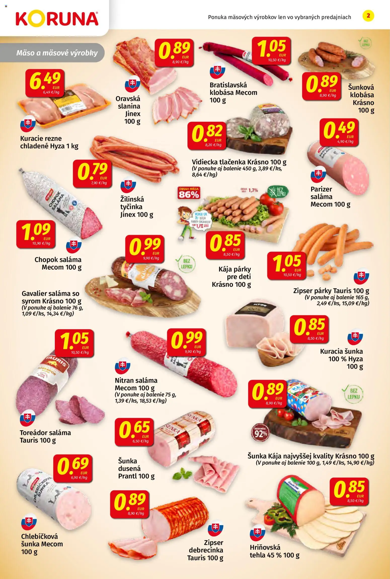 Nové Koruna akcie – leták je platný od 24.04.2026 | Strana: 2 | Produkty: Saláma, Slanina, Klobása, Kuracie rezne