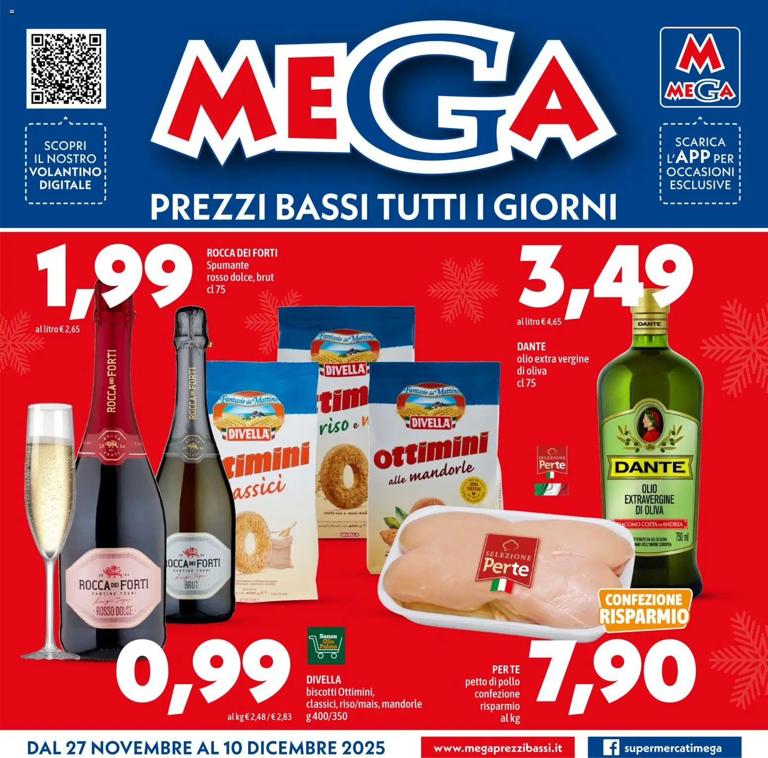 Volantino Mega del 27.11.2025 | Pagina: 1 | Prodotti: Petto di Pollo, Tè, Olio, Mandorle