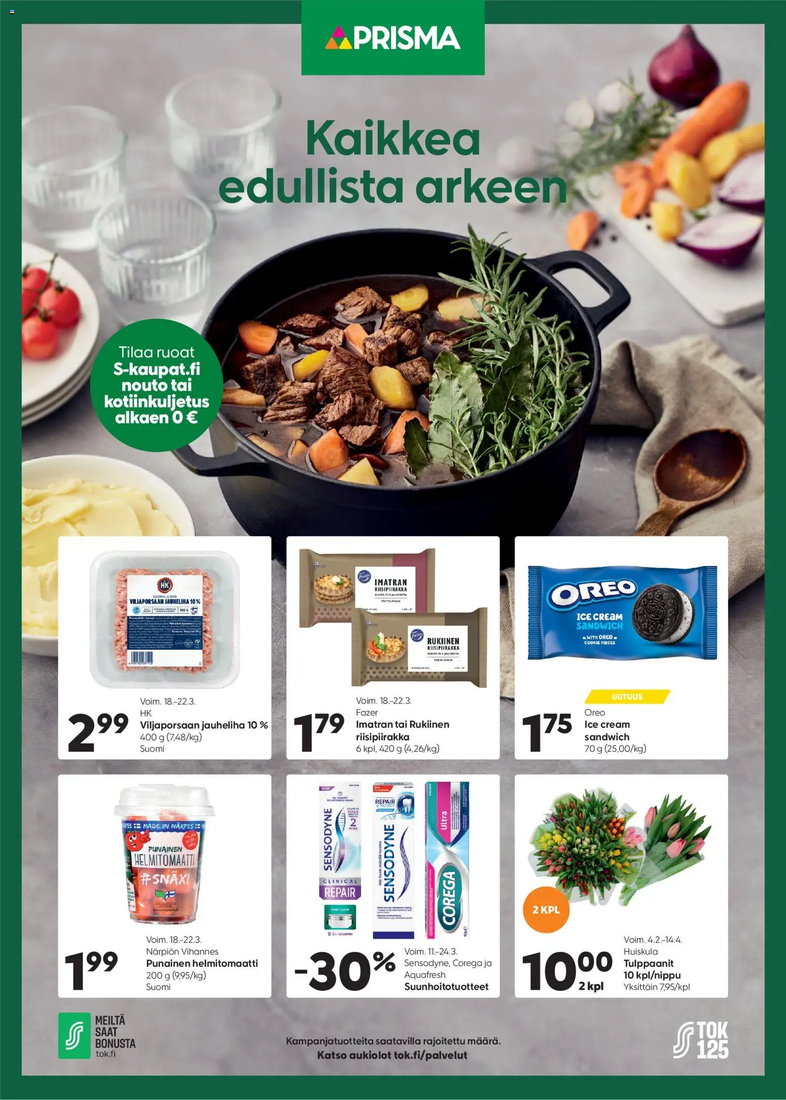 Prisma tarjoukset – voimassa 18.03.2026 alkaen | Sivu: 1 | Tuotteet: Jauheliha, Oreo, Helmitomaatti