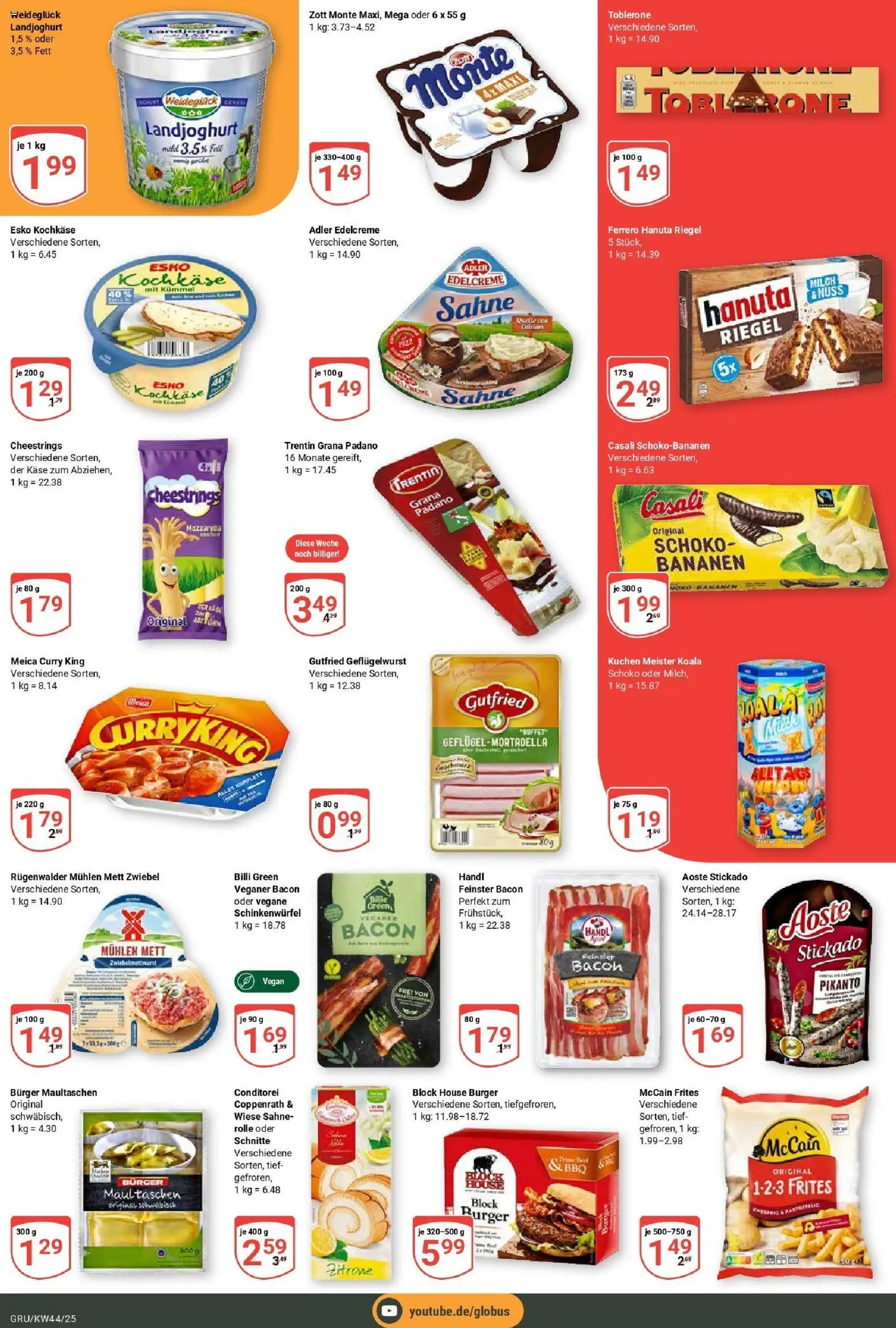 Globus prospekt Grünstadt	 – gültig ab 26.10.2025 | Seite: 4 | Produkte: Käse, Burger, Bananen, Meica