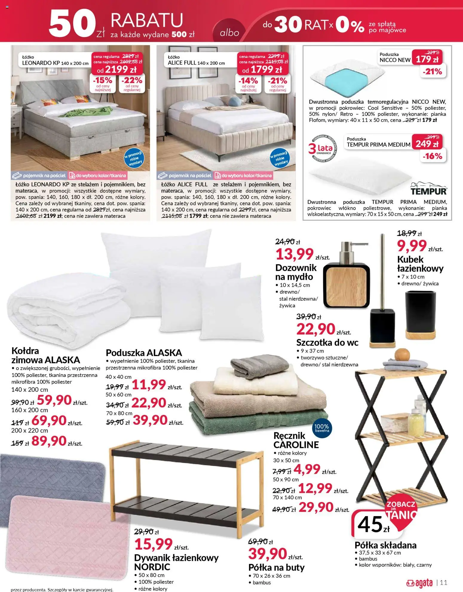 Salony Agata Gazetka od 27.01.2026 | Strona: 11 | Produkty: Łóżko, Półka, Szczotka, Kołdra