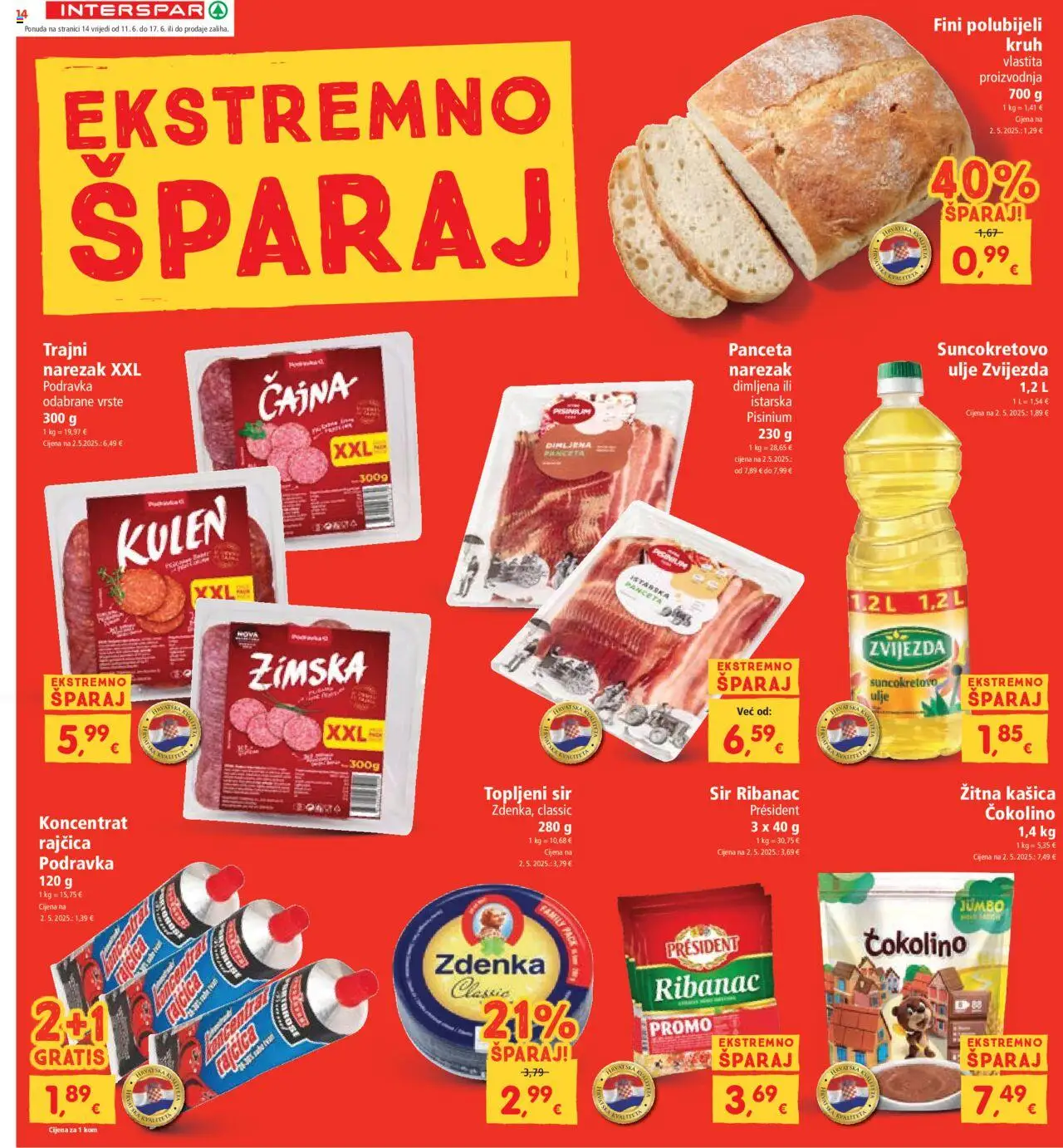 Interspar katalog | vrijedi od 11.06.2025 | Stranica: 14 | Proizvodi: Sir, Podravka, Kulen, Čokolino