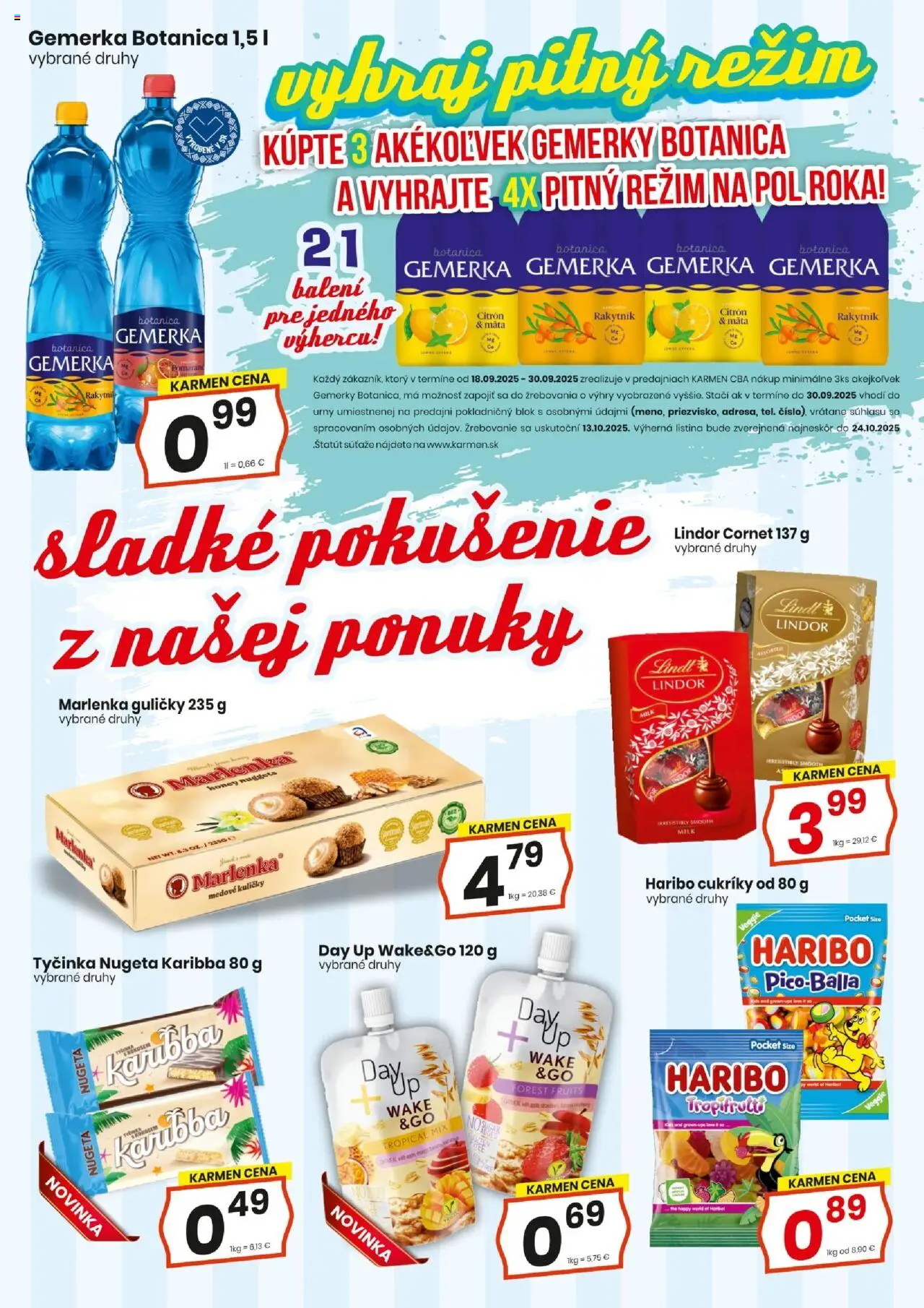Nové KARMEN CBA akcie – leták je platný od 18.09.2025 | Strana: 2 | Produkty: Lindt, Cukríky, Marlenka, Gemerka