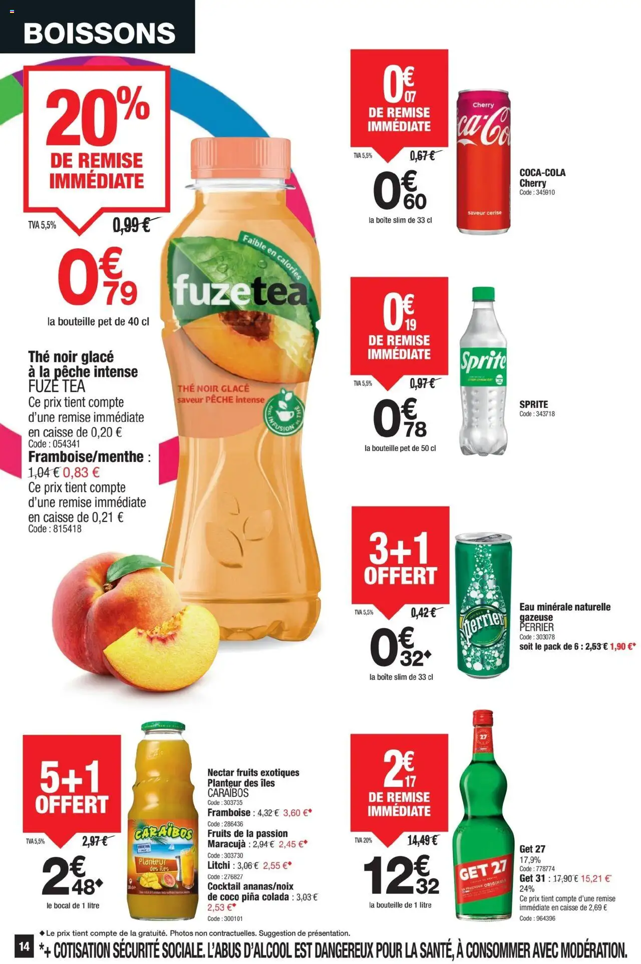  | Page: 14 | Produits: Framboise, Pêche, Eau minérale naturelle, Thé