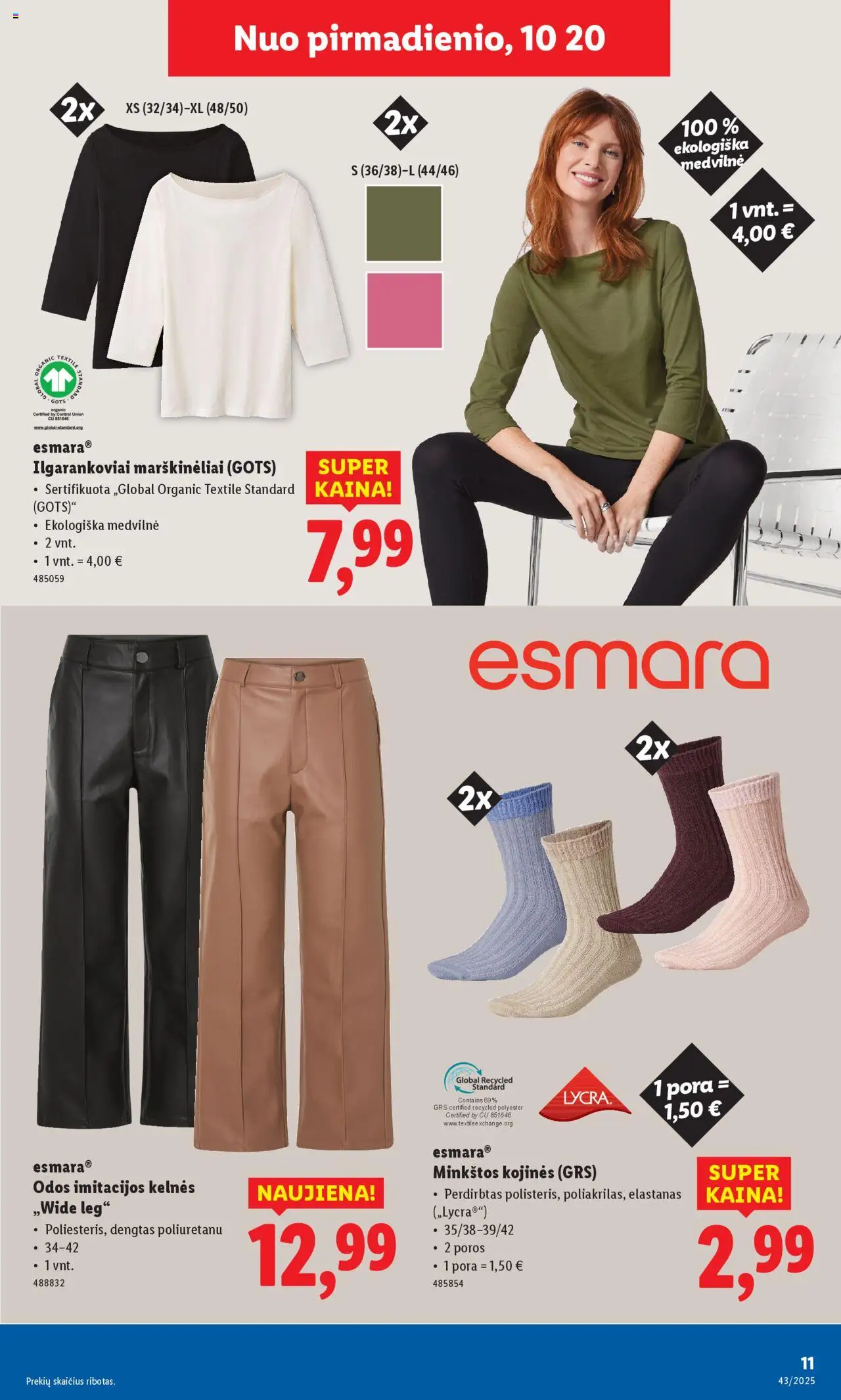LIDL akcijos nuo 20.10.2025 | Puslapis: 11 | Prekių: Marškinėliai, Kelnes, Kojinės