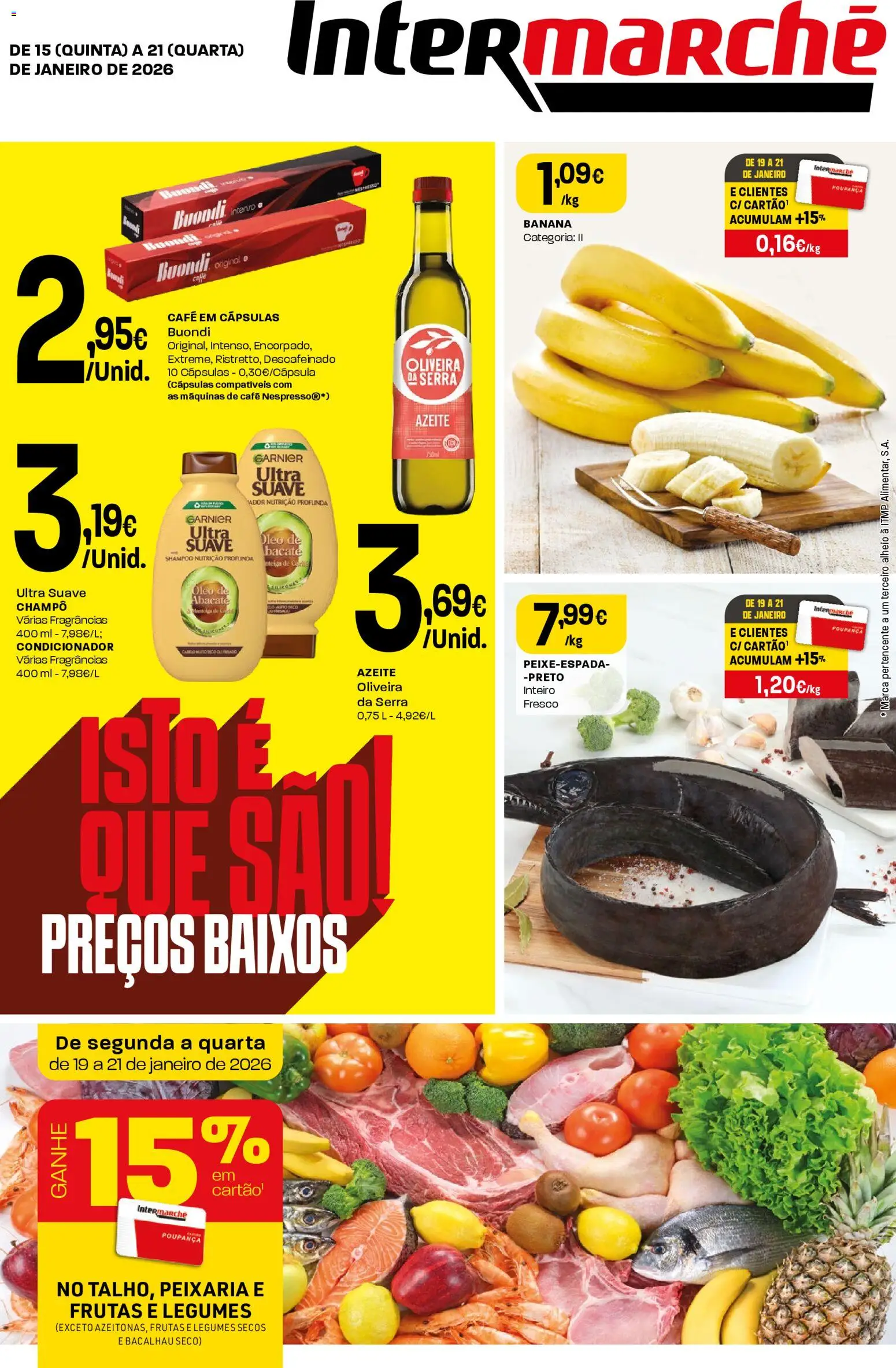 Intermarché folheto │ válido de 15.01.2026 | Página: 1 | Produtos: Banana, Shampoo, Condicionador, Carne