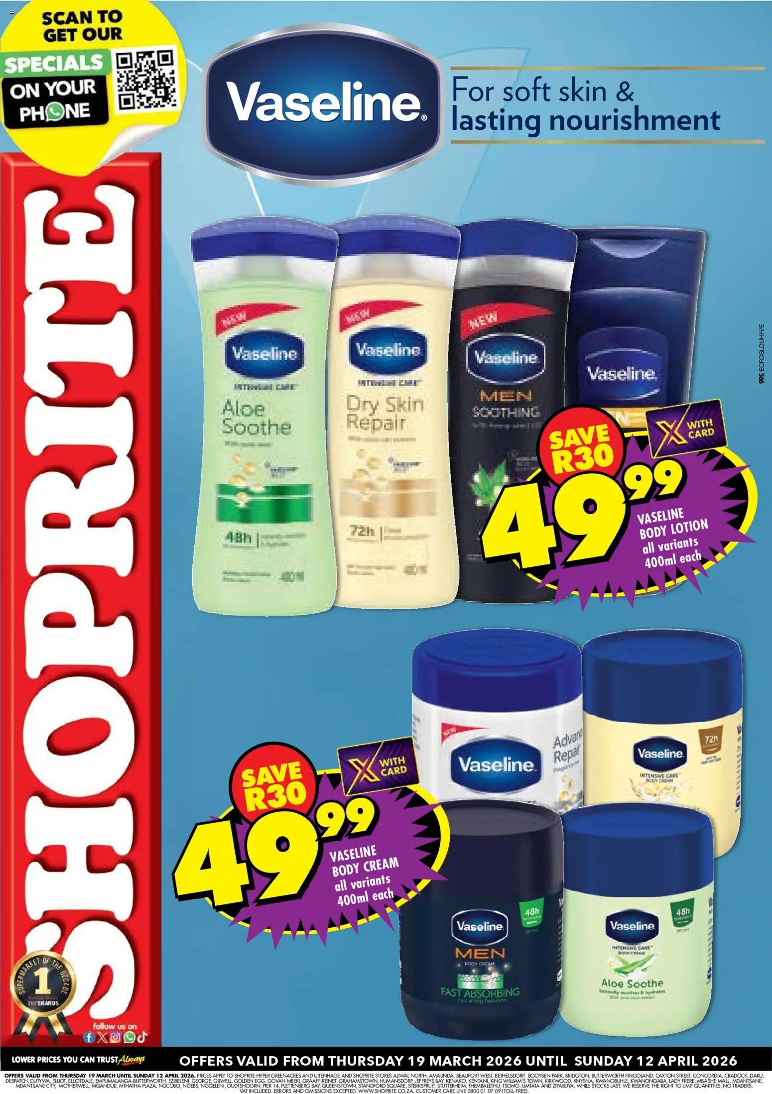 New Shoprite - Eastern Cape - Vaseline Savings catalogue – valid from 19.03.2026 | Page: 1 | Products: Phone, Cream, Body cream, Lotion