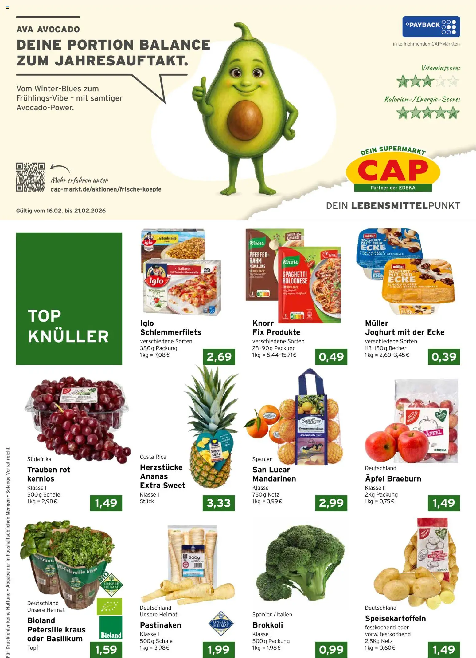 CAP Markt Prospekt – gültig ab 16.02.2026 | Seite: 1 | Produkte: Trauben, Mandarinen, Knorr, Petersilie