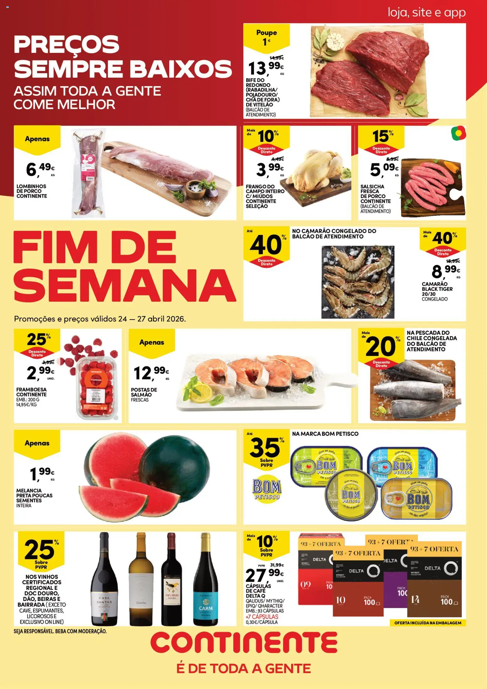 Continente Fim de Semana à Continente │ válido de 24.04.2026 | Página: 1 | Produtos: Pescada, Salsicha, Café, Melancia