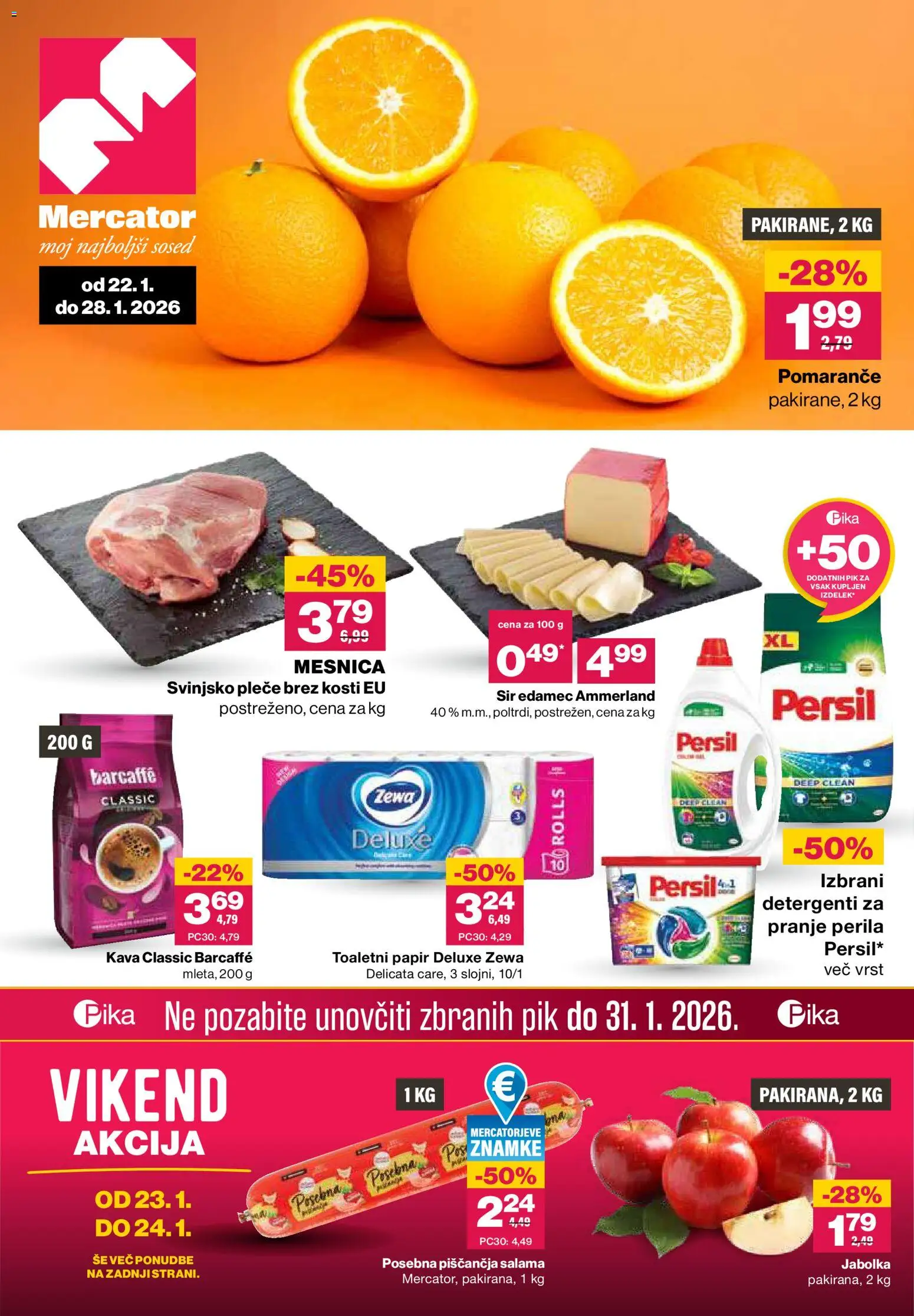 Novi Mercator katalog ponudbe – veljaven od 22.01.2026 | Stran: 1 | Izdelki: Toaletni papir, Salama, Jabolka, Detergent