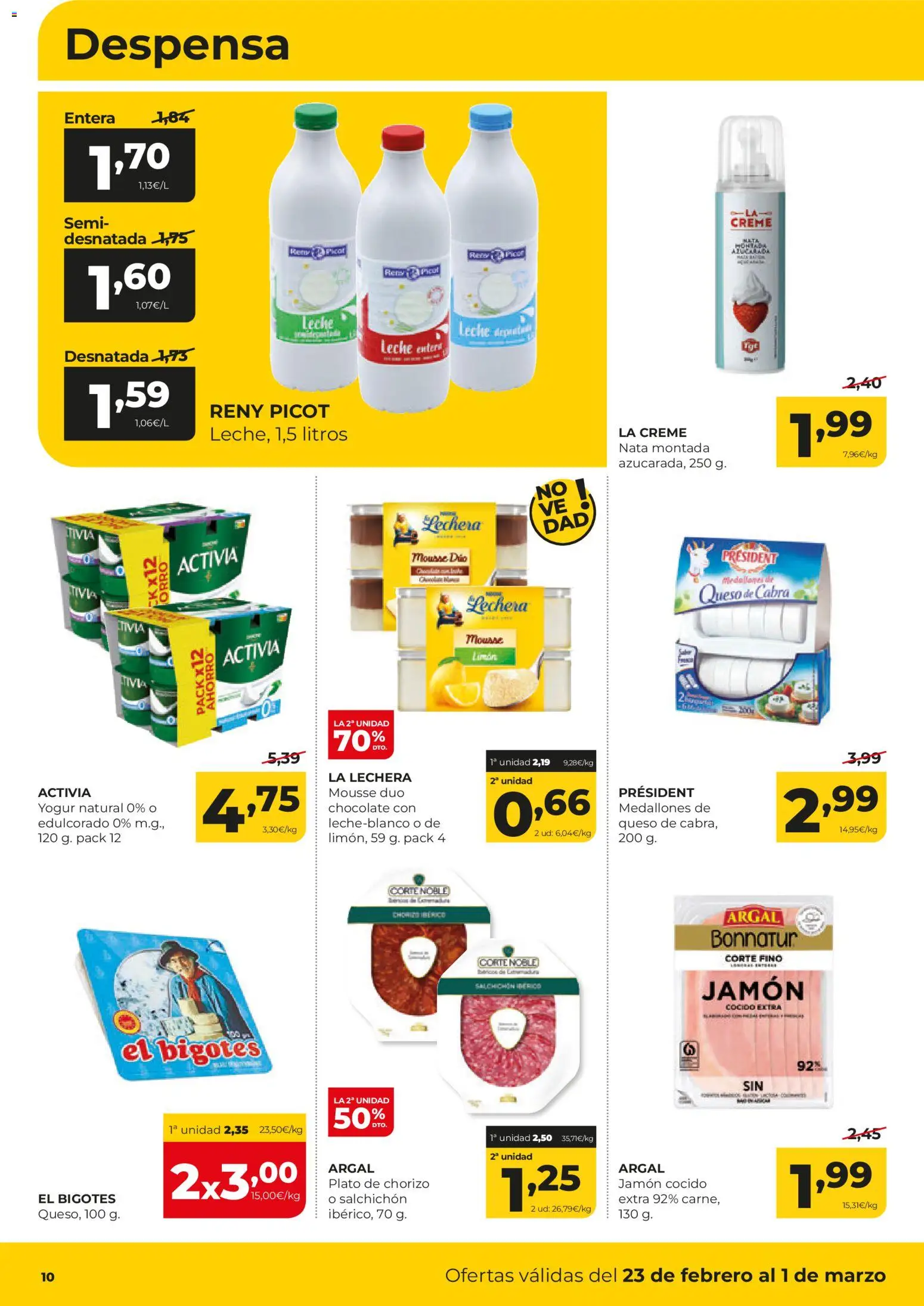 Alimerka folleto Castilla y León │ válido desde el 23.02.2026 | Página: 10 | Productos: Leche entera, Leche, Chocolate, Jamón cocido